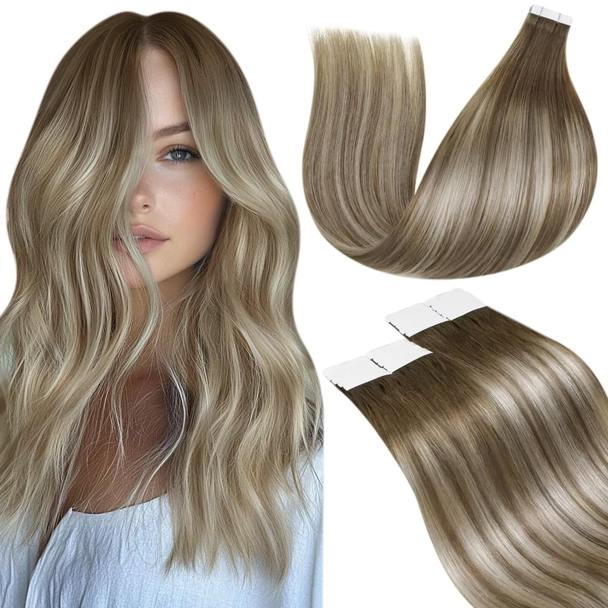 LaaVoo Tape in Hair Extensions Human Hair Blonde Tape Hair Extensions Real Human Hair Invisible Tapes Remy Straight Balayage Brown to Blonde Hair Double Sided Tabs 20pcs 50g 16 Inch #8/18/60 — view 82