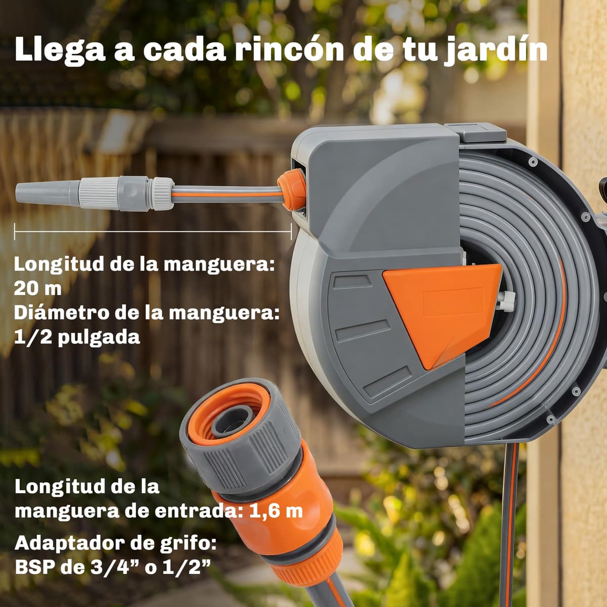 Outsunny Enrollador de Manguera para Jardín 20+1,6 m con Boquilla de 2 Modos, Carrete de Manguera de Jardín de Pared con Bloqueo Automático y Retracción Controlada, Soporte Orientable 180°, Naranja — view 3