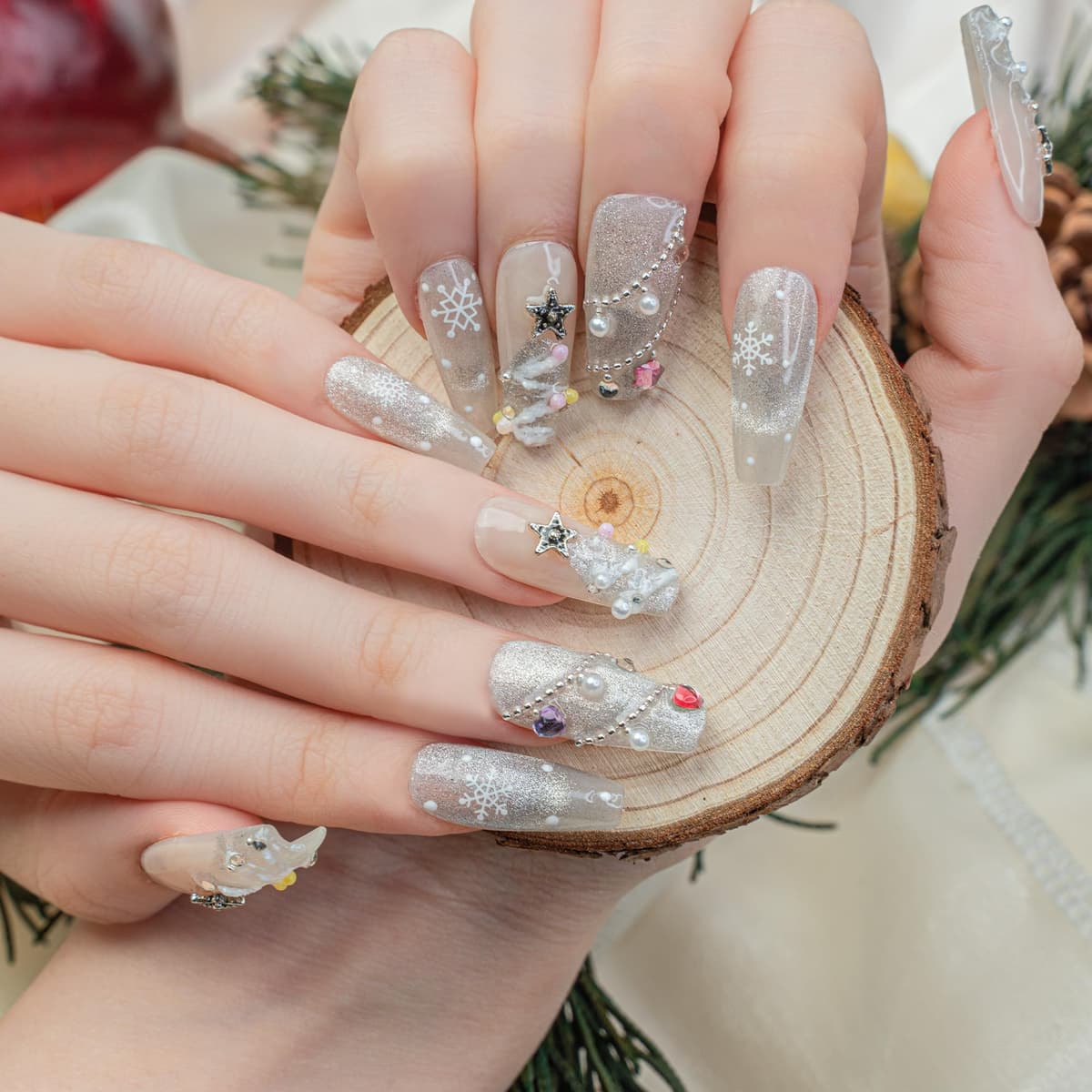 Sun&Beam Nails Handmade Press On Nail Long Coffin Ballerina Pink Flower Acrylic Fake Tip 3D Design Art Charms Cute with Storage Box 10 Pcs (S) — view 175