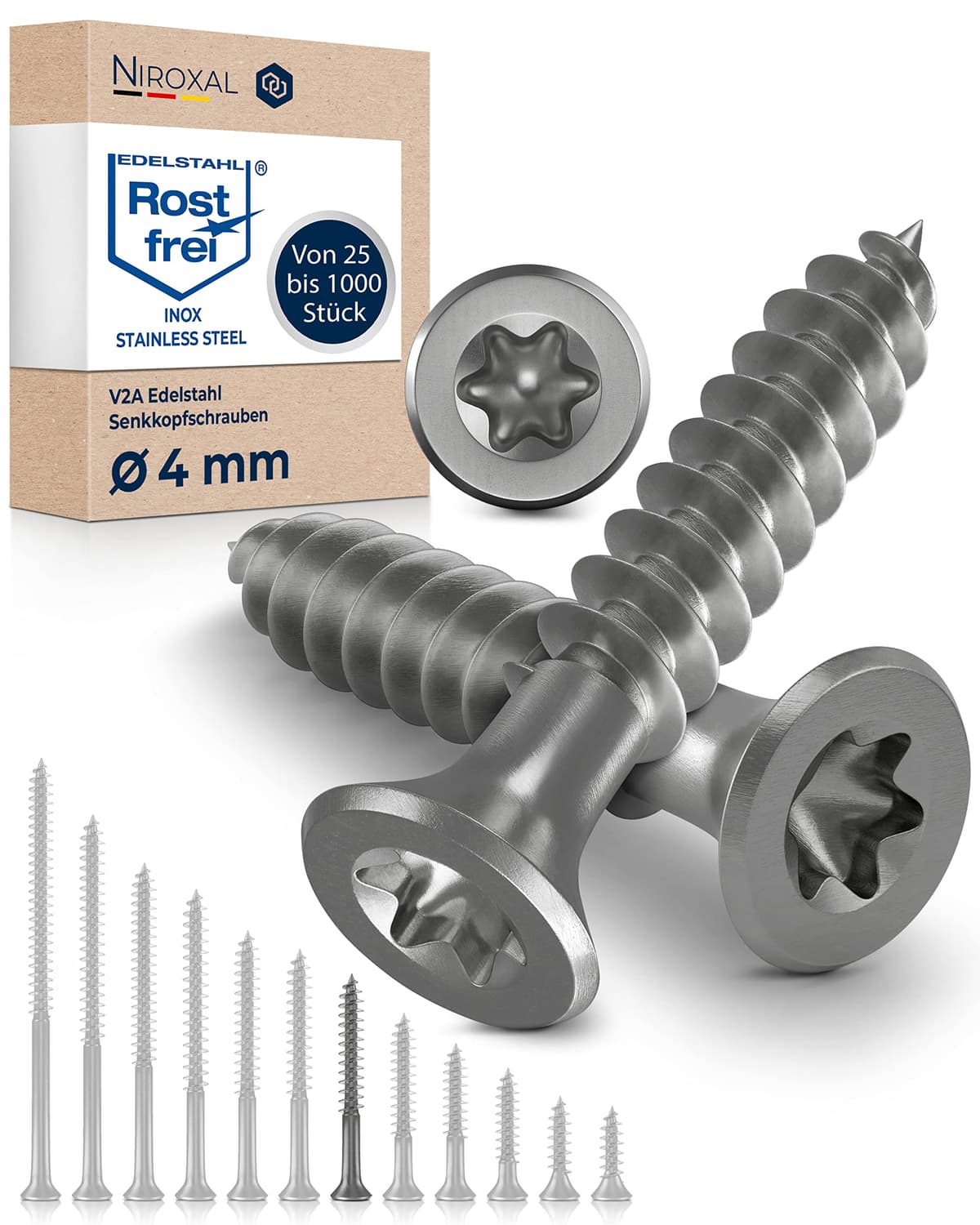 Tornillo de cabeza avellanada TORX de acero inoxidable fabricado en V2A 4-mm de espesor 40-mm de longitud del tornillo 200 piezas Rosca parcial de 24-mm Tornillo para madera 4x40