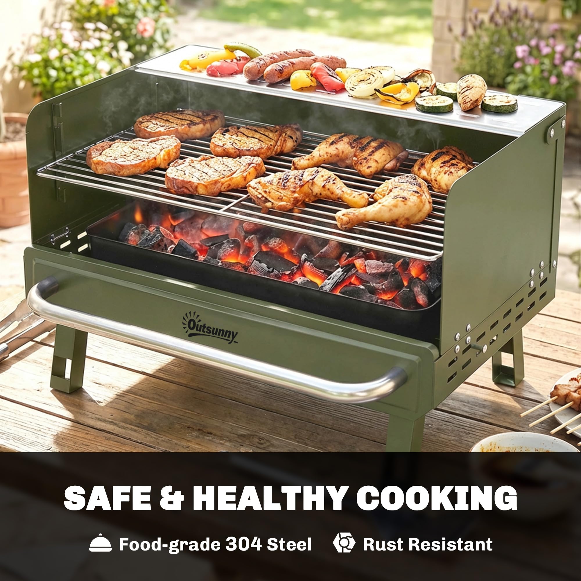 Outsunny Portable BBQ Grill, Charcoal Barbecue Grill with Adjustable Grates, Foldable Legs and Side Shelf for Camping Hiking Picnic Travel Garden Outdoor Cooking, Green — view 5