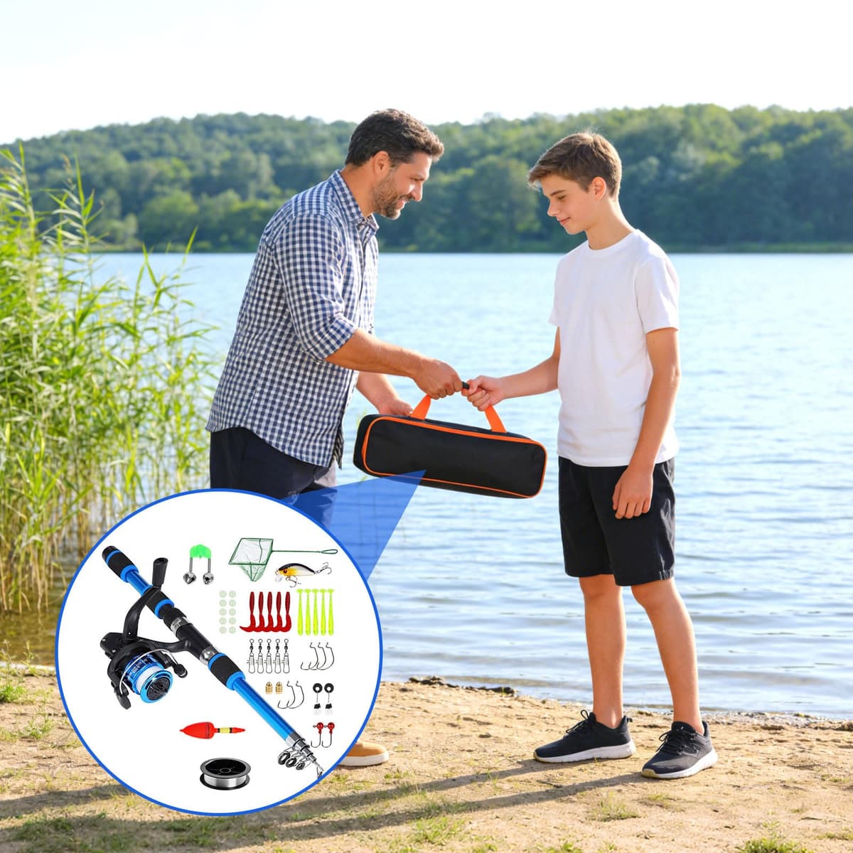 Juego de Caña de Pescar para Niños Principiantes, Kit de Pesca Completo con 1.8m Caña de Pescar Telescópica Carrete Spinning Señuelos 100 m Sedal Sacadera de Pesca y Bolsa de Transporte — view 8