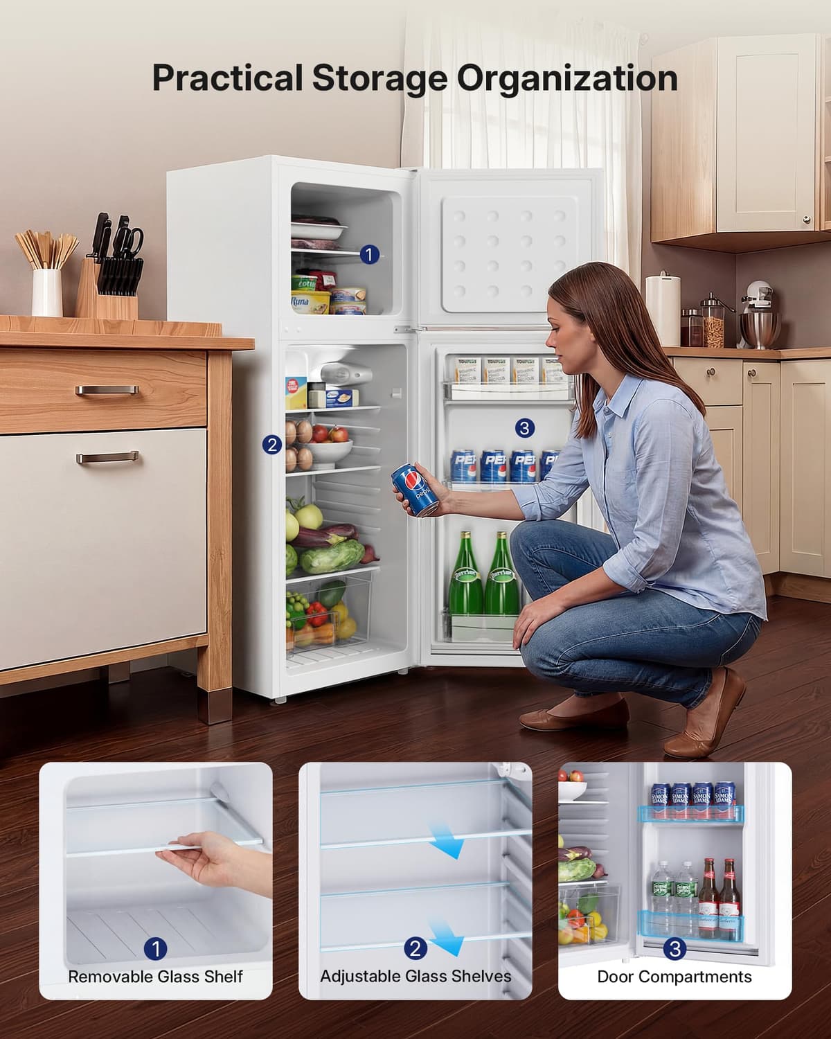 Upstreman 132L Fridge Freezer 70/30, 98L Refrigerator with 34L 4-Star Freezer Compartment on Top, 39dB Quiet Operation and LED Lighting, Refrigerator for Kitchen/Office/Apartment, TM132-White — view 4