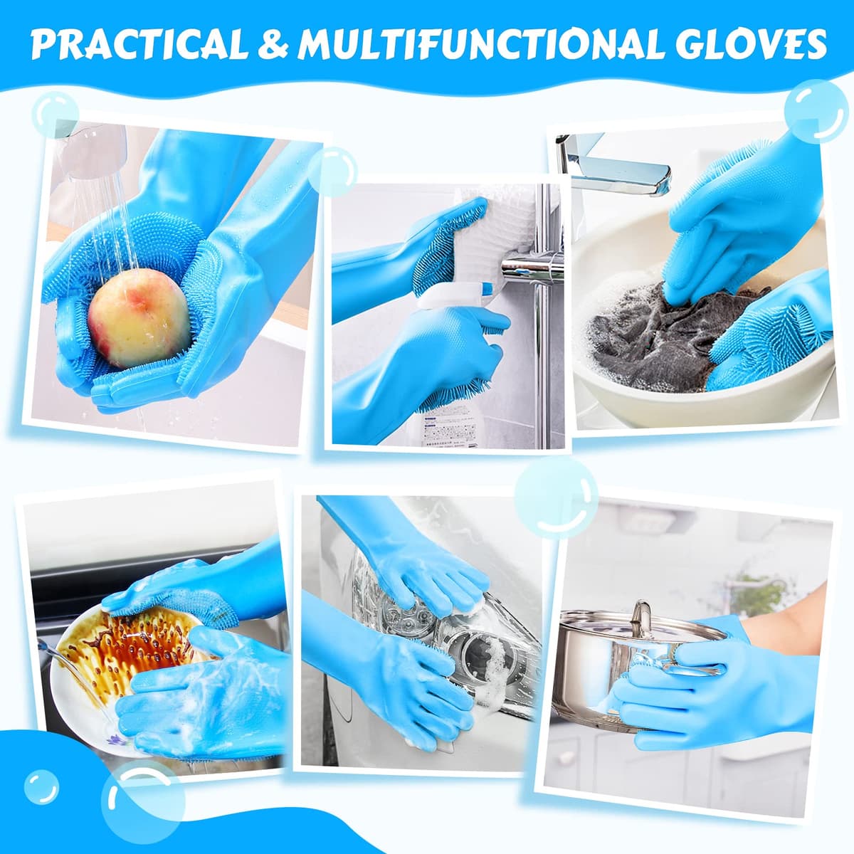 Pecute Pet Grooming Gloves - Heat Resistant Silicone Gloves with High-Density Teeth, Enhanced Five Finger Design for Bathing and Massaging Dogs and Cats, Blue — view 8