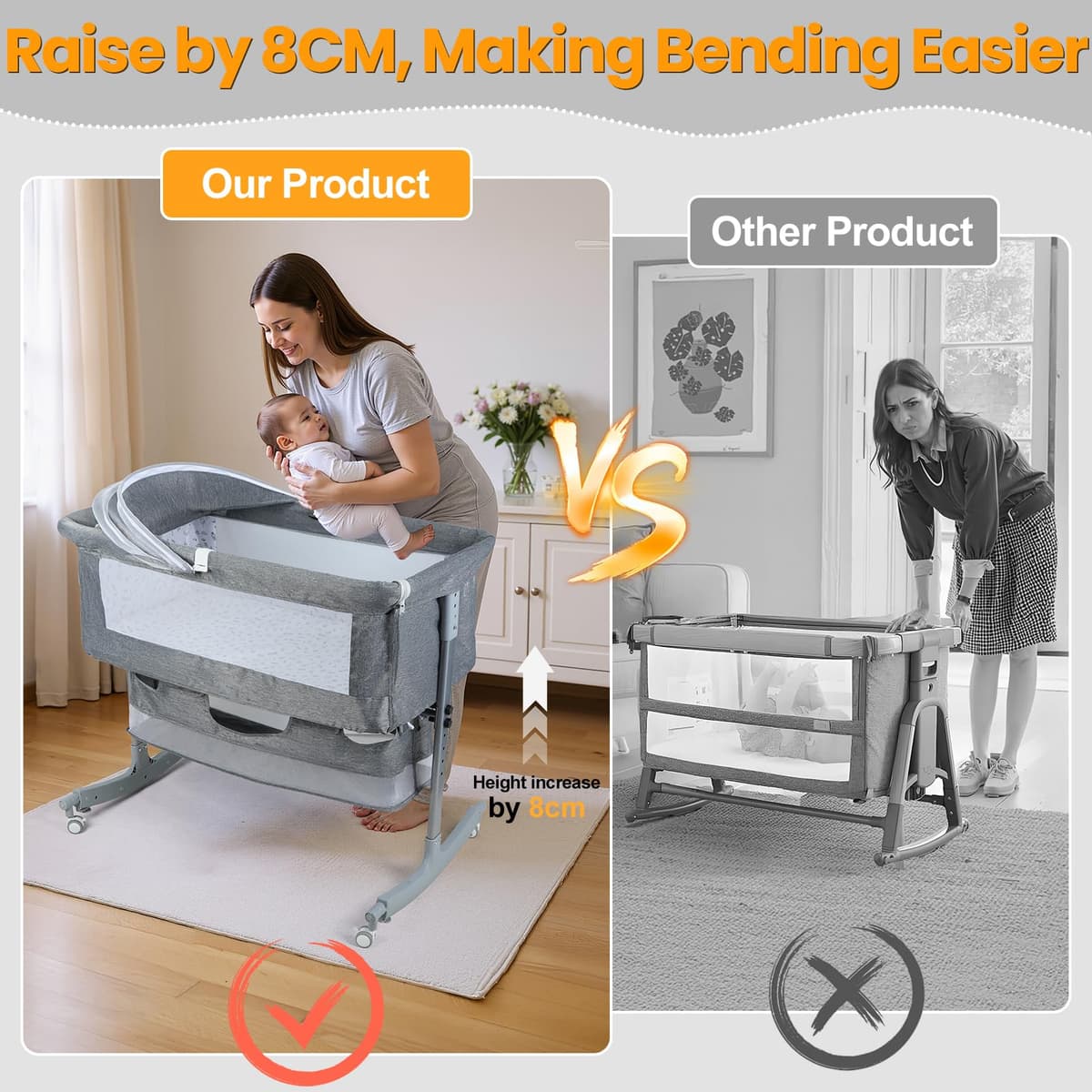 Baby Bedside Crib Baby Crib with with Wheels, Storage, Mosquito Net and Matress Included, Height Adjustable Baby Bassinet (Grey 3) — view 4