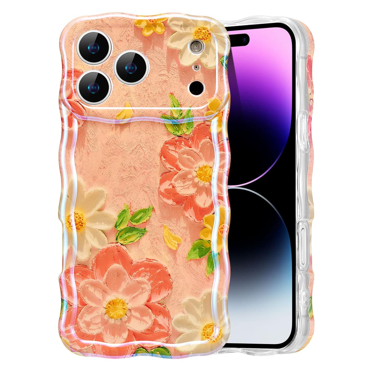 EYZUTAK Case for iPhone 16, Colorful Retro Oil Painting Printed Flower Laser Glossy Pattern Cute Curly Wave Edge Exquisite Phone Cover Stylish Durable TPU Protective Case for Girl Women-Green — view 32