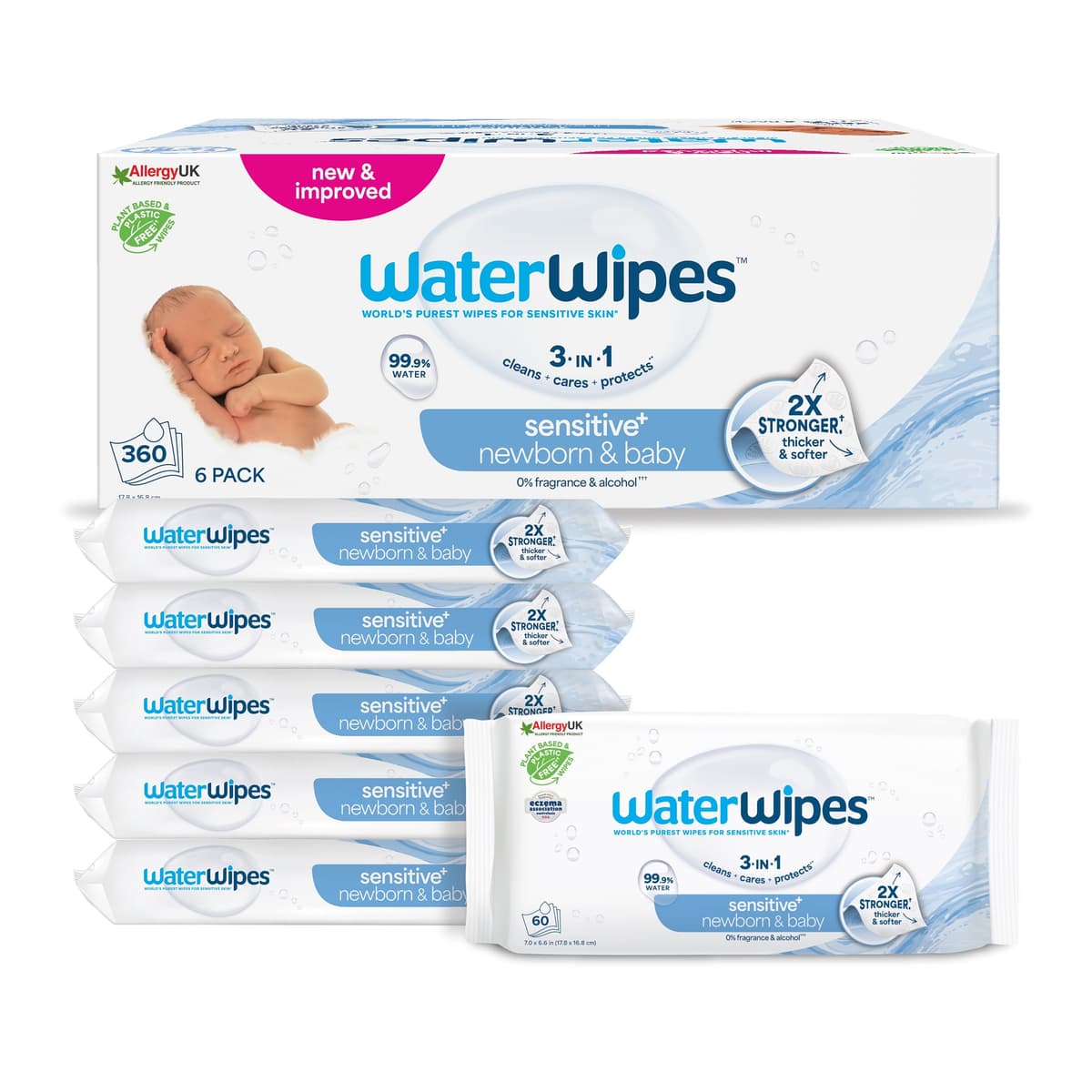 WaterWipes Sensitive+ Newborn & Baby Wipes, Newborn & Baby Wipes, 360 Count (Pack of 6), 3-in-1 Cleans, Cares, Protects, 99.9% Water, Unscented