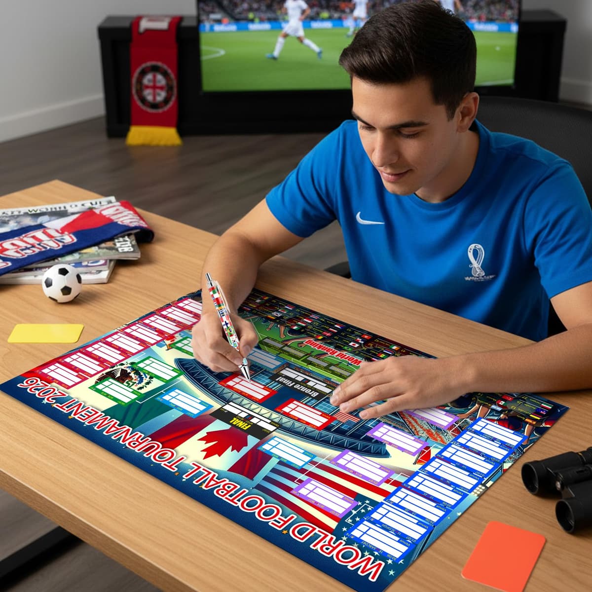2PCS World Cup Football 2026 Interactive Foldable Poster 2026 World Cup Ball Competition Schedule Includes 8 Double Sided Adhesive Rings And A Flag-Themed Ballpoint Pen Fan Gifts Bar Display 87x58cm — view 4