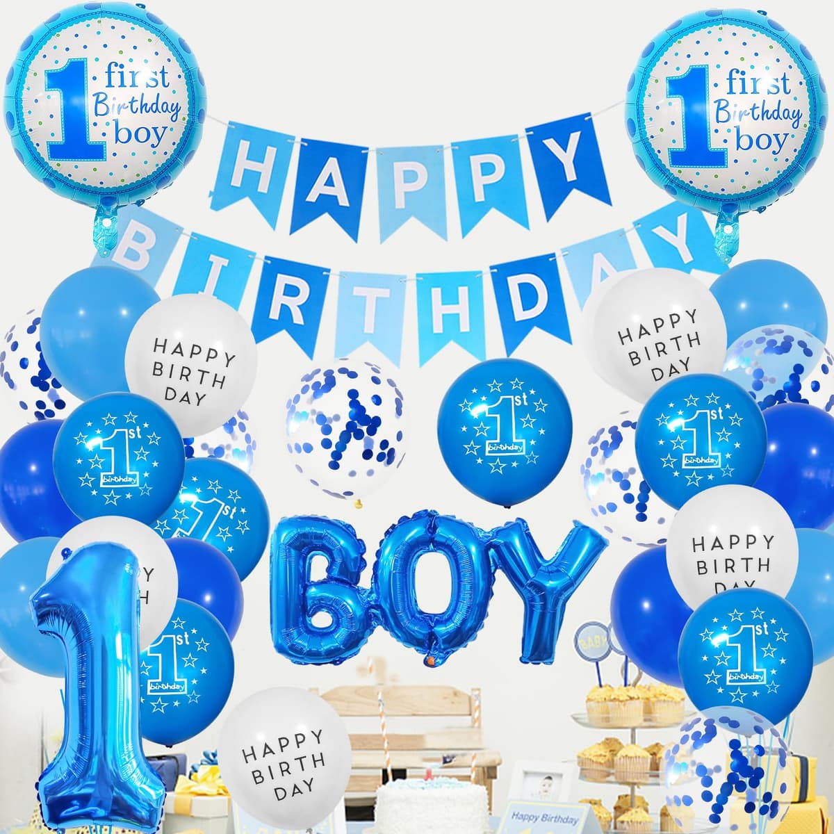 1st Birthday Decorations for Boys – Blue Happy Birthday Banner with Number 1 & BOY Foil Balloons, Confetti Balloons First Party Supplies for Baby 1 Year Old Birthday Party Decor — view 5