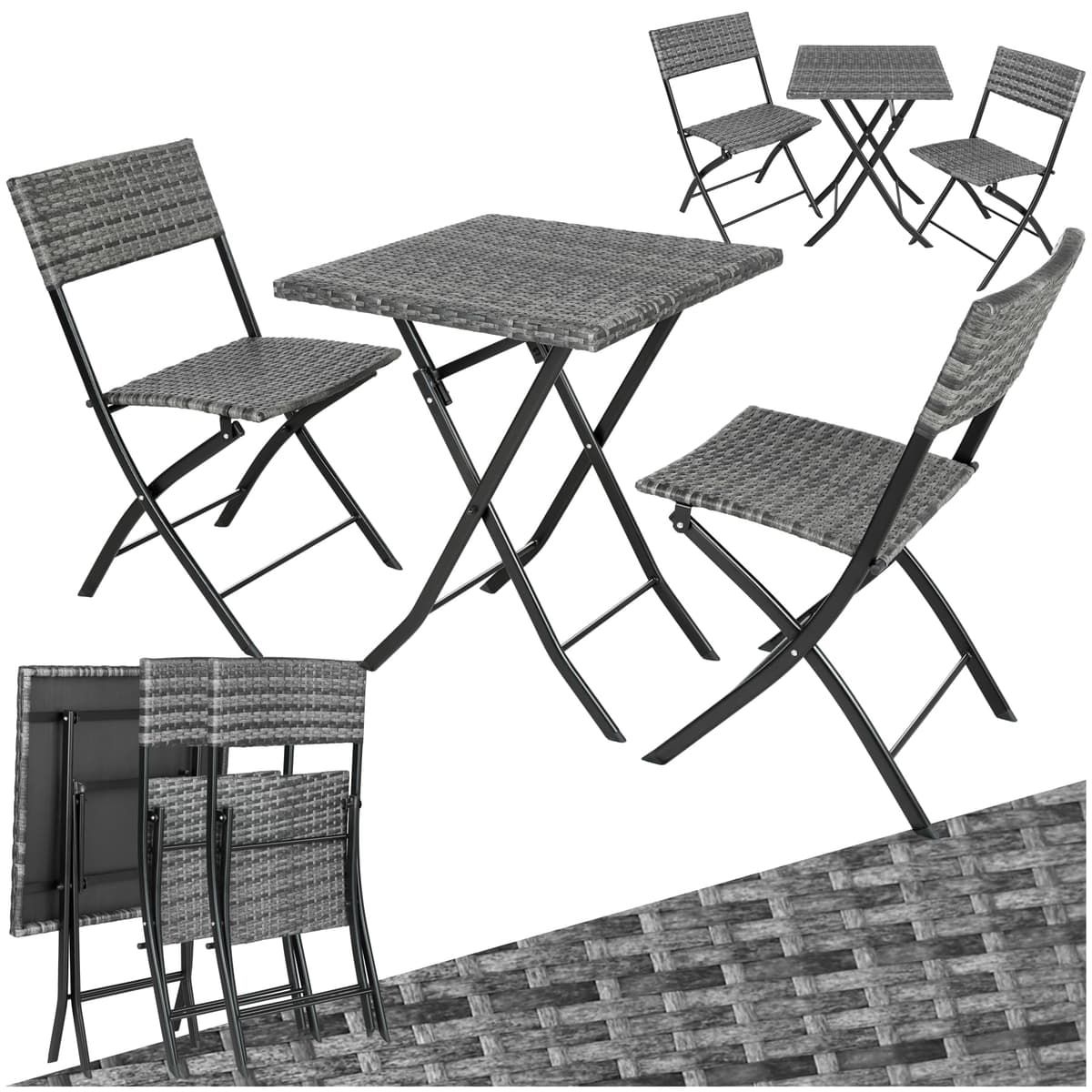 tectake® Conjunto Jardín Exterior de Ratán y Acero para 2 Personas, Muebles Jardín Exterior Resistentes a Intemperie, 2 Sillas y 1 Mesa, con Topes de Plástico, Plegable, Ligero y Compacto - Gris