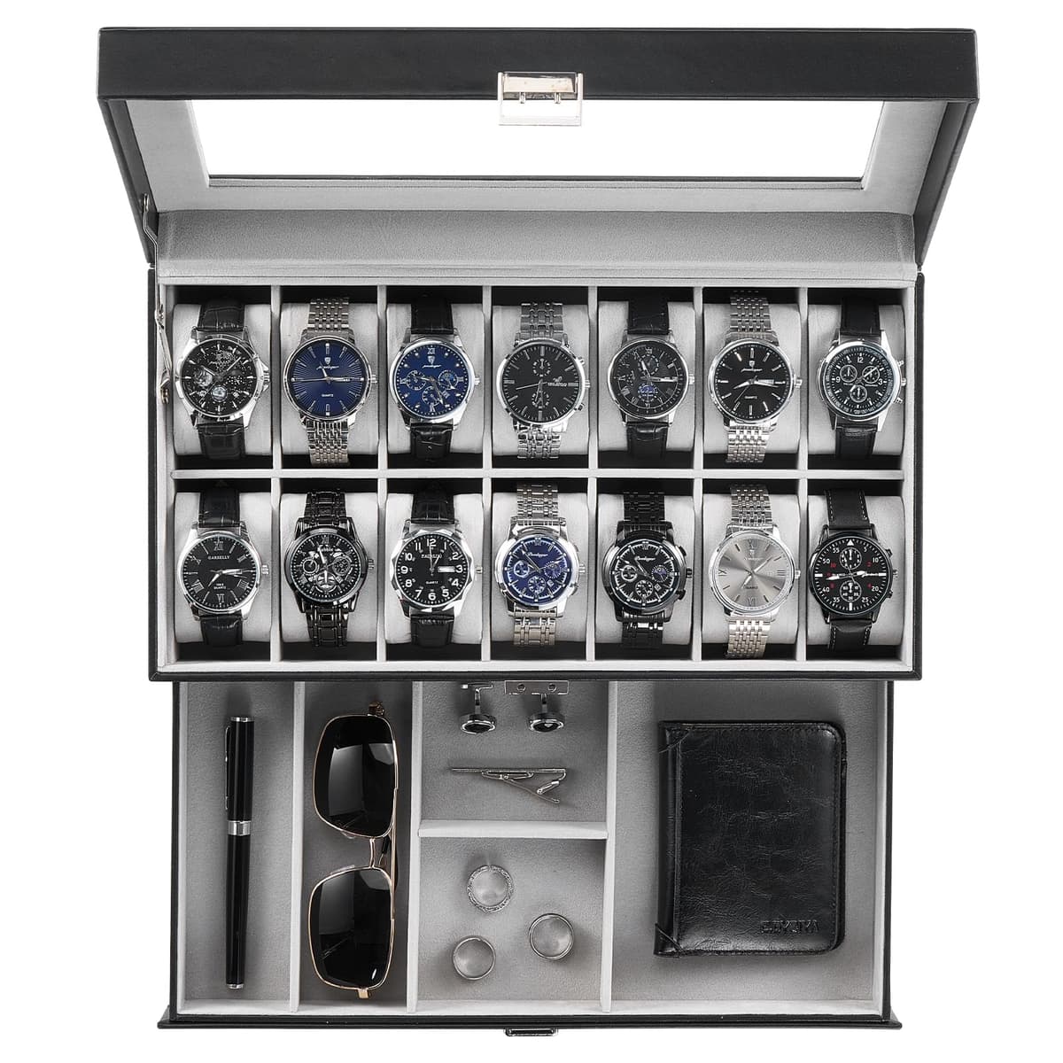 ProCase Caja de Relojes de 6 Ranuras con Cajón, Funda Organizadora de Reloj de 2 capas con Tapa de Cristal, Estuche de Almacenamiento para Hombres y Mujeres -Negro — view 25