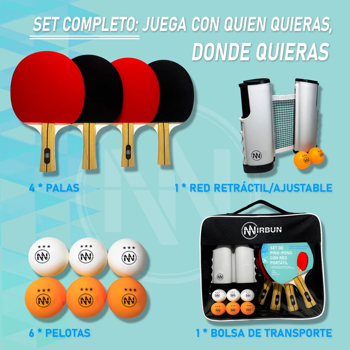 NIRBUN Set Ping Pong Con Red Extensible - Palas Profesionales - Pelotas 3 Estrellas - Red Ajustable Para Mesa - Set Portátil — view 3