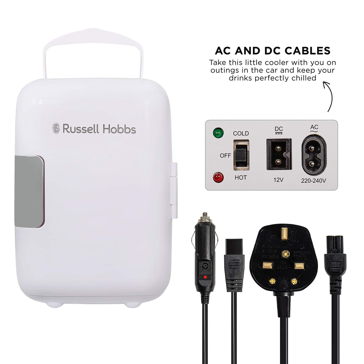 Russell Hobbs RH4CLR1001 4L/6 Can Portable Mini Cooler & Warmer for Drinks, Cosmetics/Makeup/Skincare, AC/DC Power, Retro Style, White, For Bedroom, Home, Caravan, Car — view 2