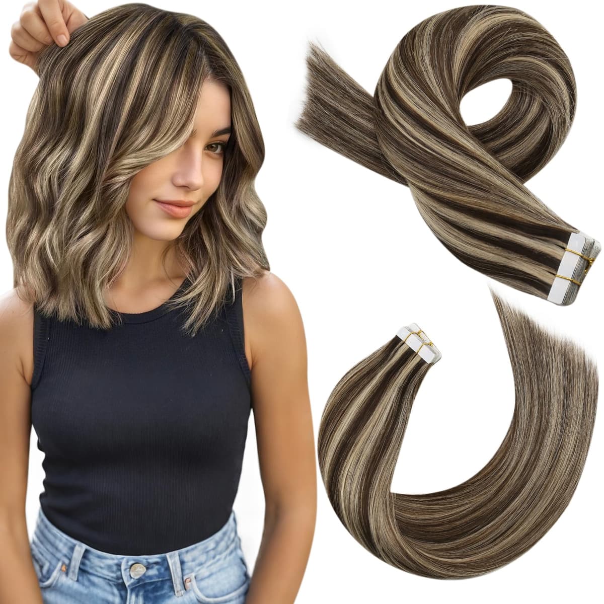 Moresoo Tape in Human Hair Extensions 20 Inch Highlight 50g/20pcs Tape in Hair Extensions Human Hair Ash Blonde with Platinum Blonde #P18/613 — view 98