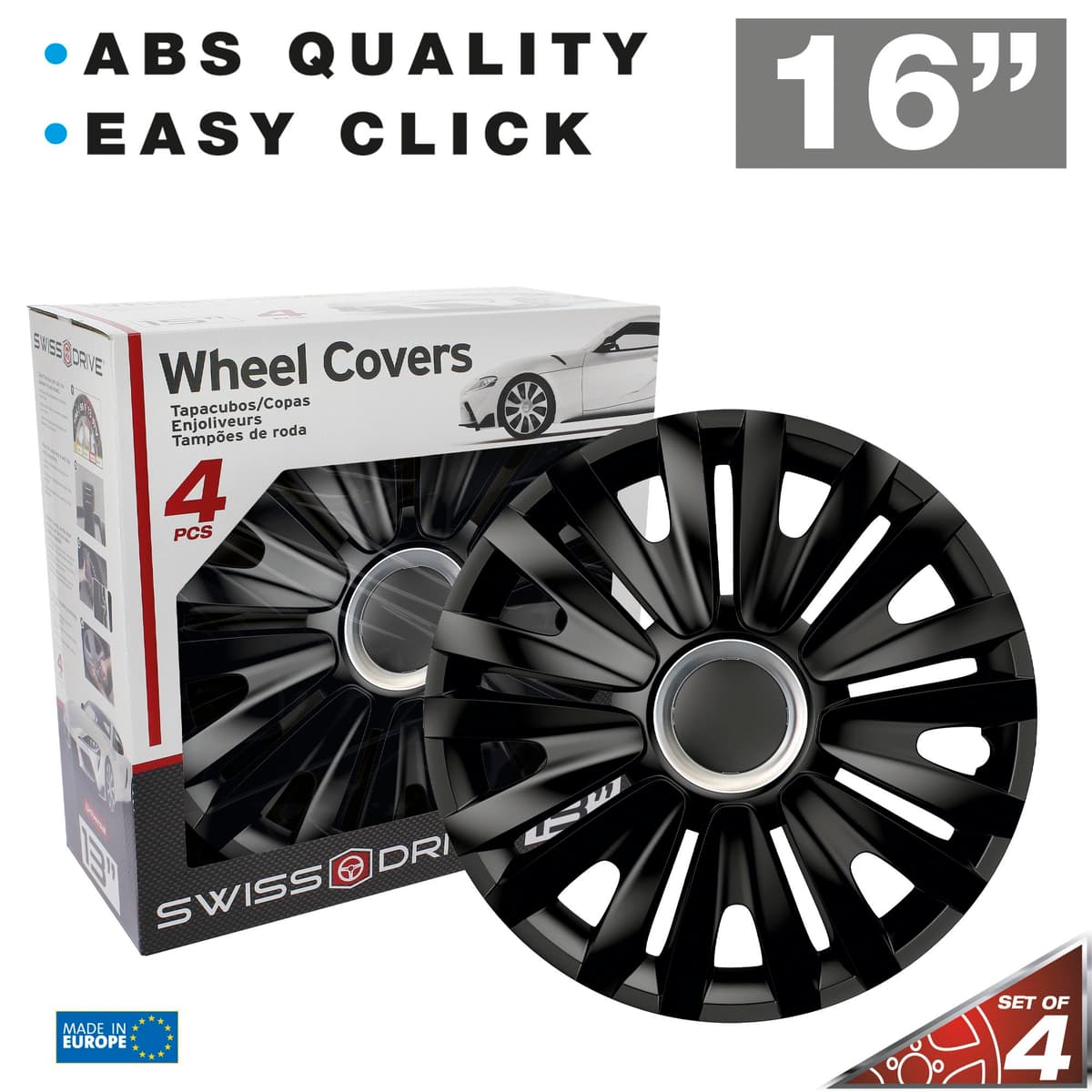 S SUMEX Juego de 4 Tapacubos de 16 Pulgadas Diseño Illinois RC Black, Acabado Negro y ABS Resistente a Fuertes Impactos, Duradero y Fiable con Anillo de sujeción Ajustable — view 4