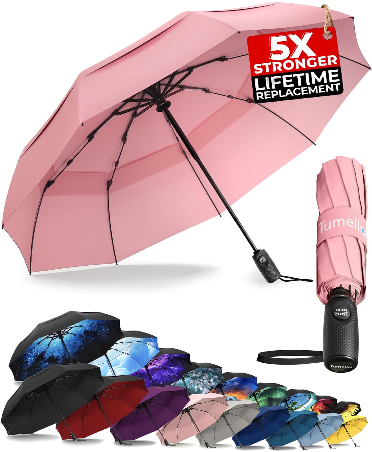 TUMELLA Strongest Windproof Travel Umbrella (Compact, Superior & Beautiful), Small Strong but Light Portable and Automatic Folding Rain Umbrella, Durable Premium Grip, Fits Car & Backpack Black — view 11