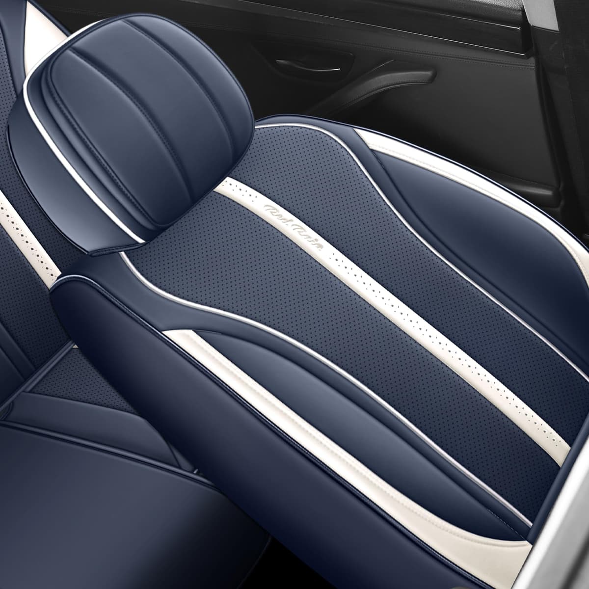 Full Coverage Blue Car Seat Covers Universal Seat Covers Leather Auto Seat Cushion Covers (R-Blue+White) — view 4