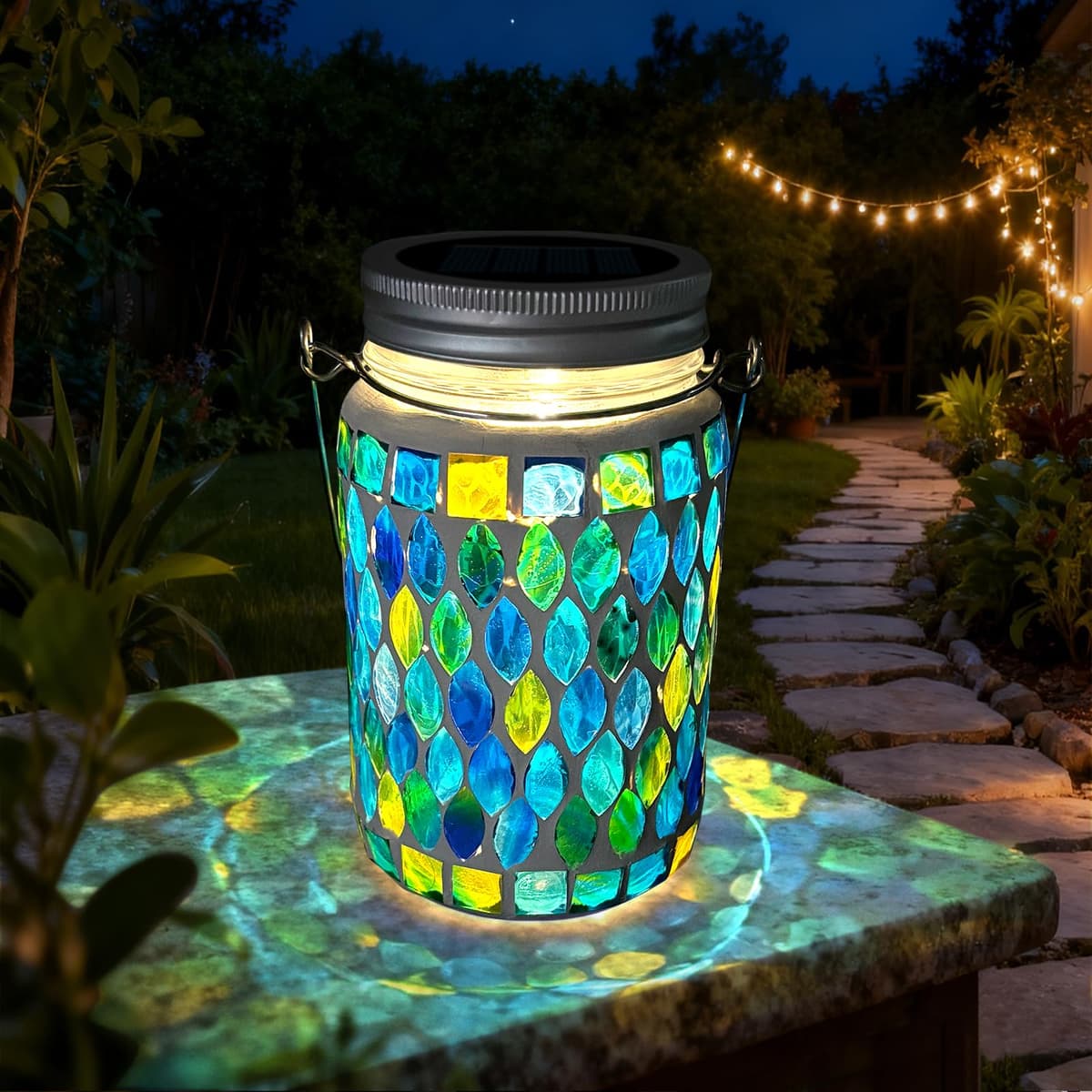 TOTHDATE 2PCS Mosaic Solar Lights Outdoor Garden, On/Off Glass Hanging Solar Mosaic Lanterns Lights IP65 Waterproof for Table Lawn Path Courtyard Deck Fence, Blue Mosaic Glass — view 5