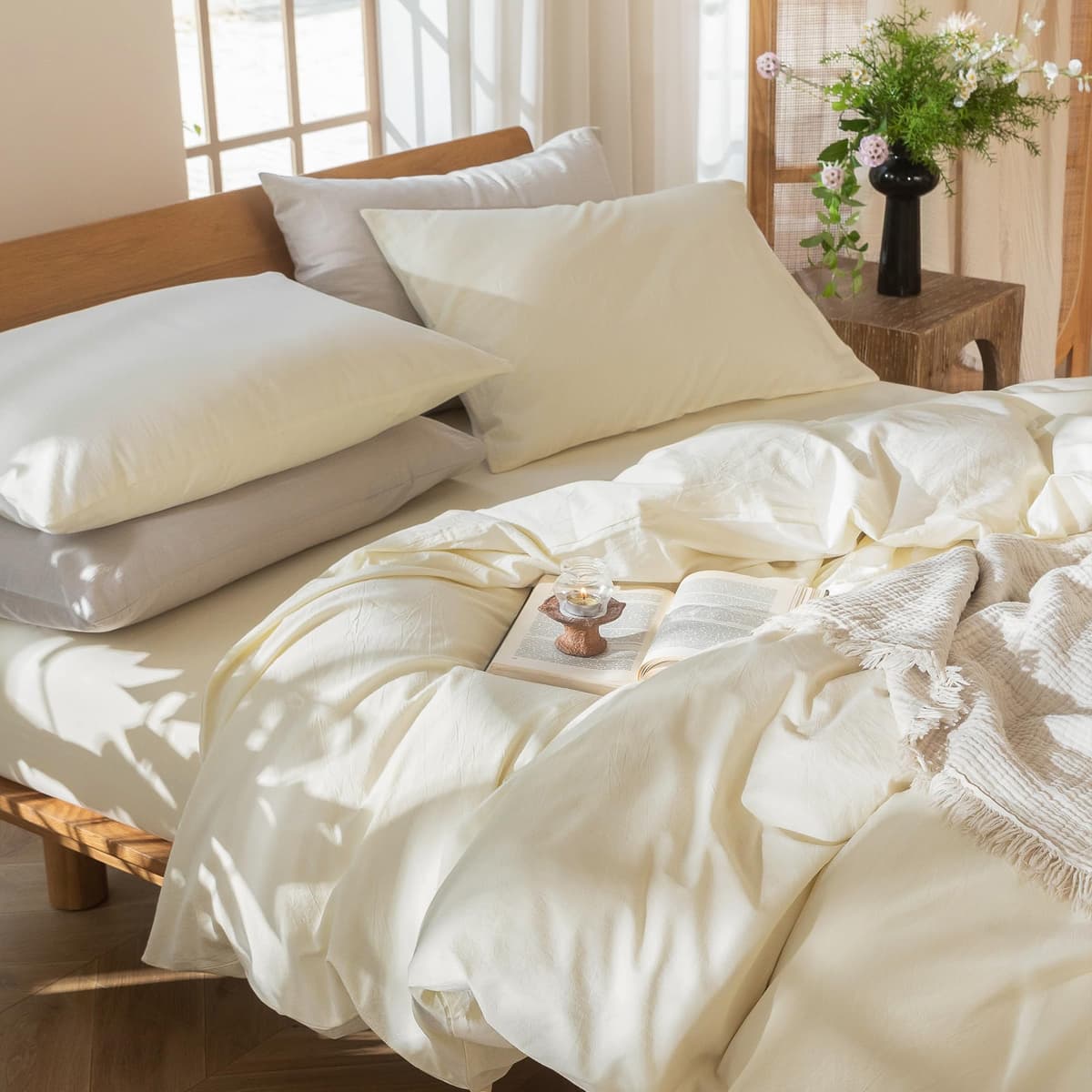 MooMee Bedding Duvet Cover Set 100% Washed Cotton Linen Like Textured Breathable Durable Soft Comfy (Tannish Linen Grey, King) — view 40