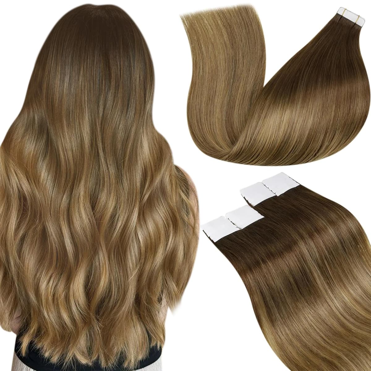 LaaVoo Tape in Hair Extensions Human Hair Blonde Tape Hair Extensions Real Human Hair Invisible Tapes Remy Straight Balayage Brown to Blonde Hair Double Sided Tabs 20pcs 50g 16 Inch #8/18/60 — view 137