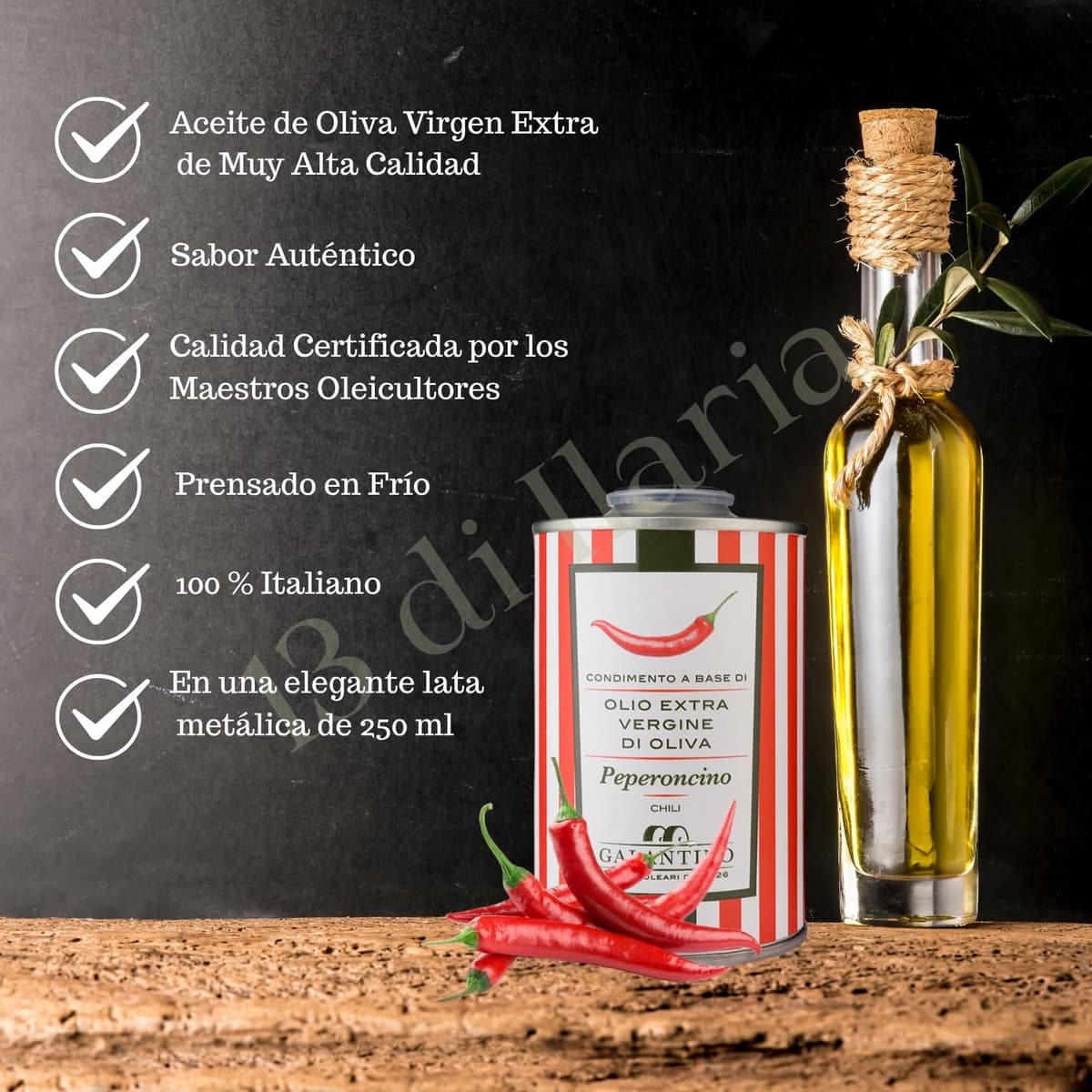 Aceite de Oliva Virgen Extra con Chile 250 ml | Lata Gourmet, Italiano Artesanal, Prensado en Frío | Sabor Fresco y Natural — view 3