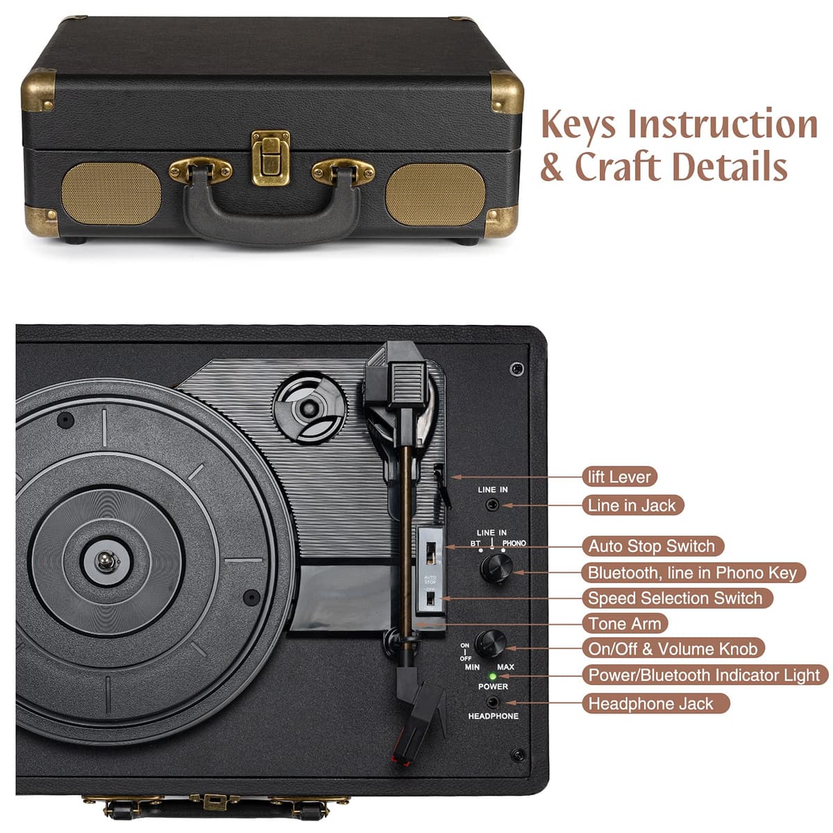 Tocadiscos de Vinilo Portátil con Correa de 3 Velocidades 33/45/78 RPM Bluetooth con Altavoces Incorporados Salida de Línea RCA Entrada AUX para Auriculares Tocadiscos Vintage — view 3