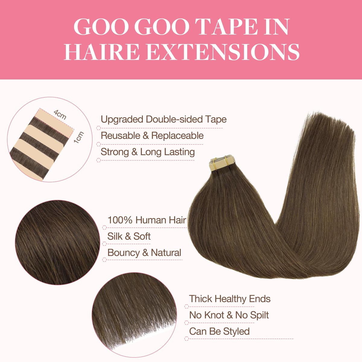 GOO GOO Tape in Hair Extensions Human Hair, 20pcs 50g 16inch, Chocolate Brown Real Remy Hair Extensions Seamless Straight Human Hair Extensions — view 2