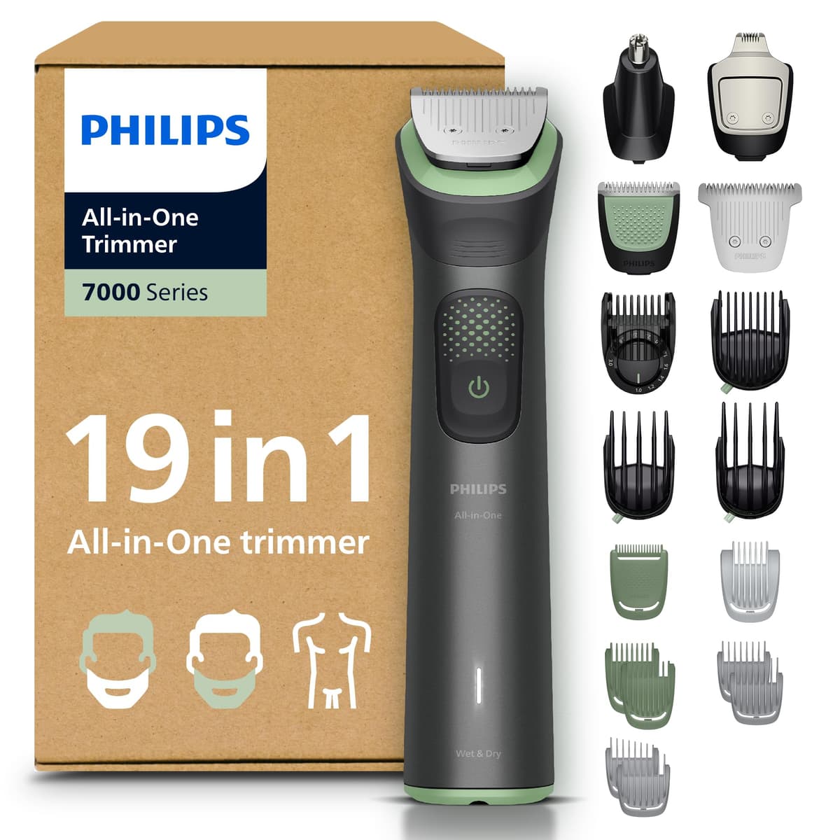 Philips Multigroom 7000 Series All-in-One 19-Piece Trimmer - Shaver and Clipper for Beard, Nose, Hair, and Body, Self-Sharpening Full Metal Blades, 26 Length Settings (0.5-20 mm), Model MG7962/30