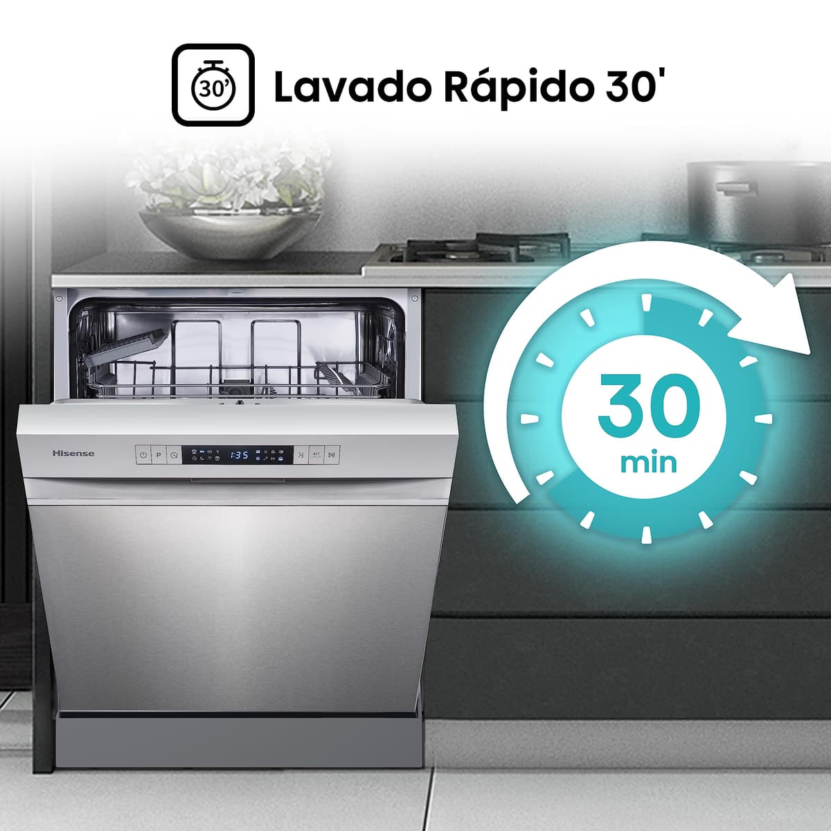 Hisense HS622E10X - Lavavajillas, Capacidad para 13 servicios, 60 cm, Programa ECO, Silencioso, 2, Filtro autolimpiable, Contador digital, Libre instalación, Inox — view 4
