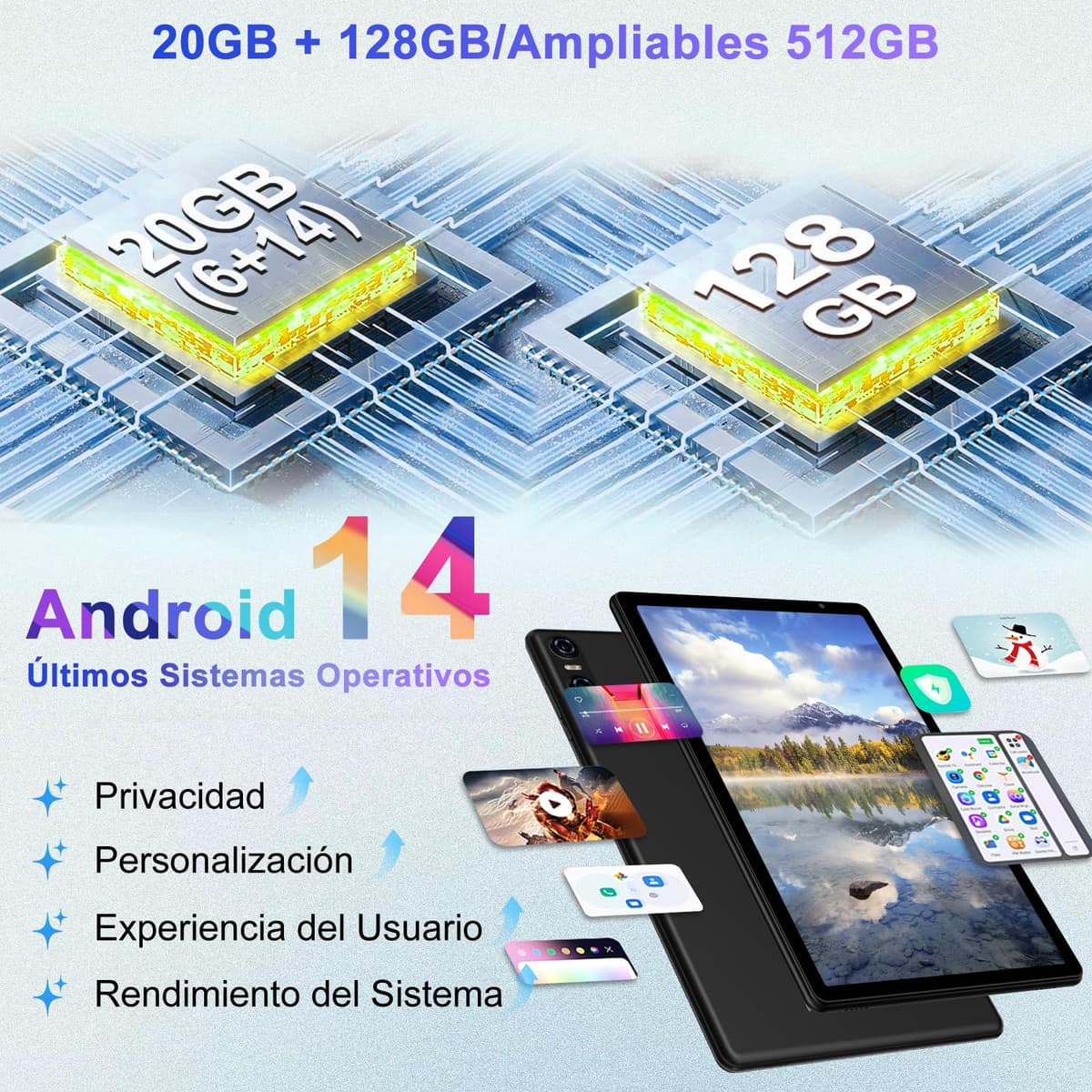 Tablet 10 Pulgadas Android, 20GB RAM + 128GB ROM (TF 1TB), Octa-Core, Widevine L1,GMS/Dual Band WiFi 6/5 MP + 8 MP / 1280 * 800 Pixels/Bluetooth 5.0, Tablet con Funda Negro — view 3