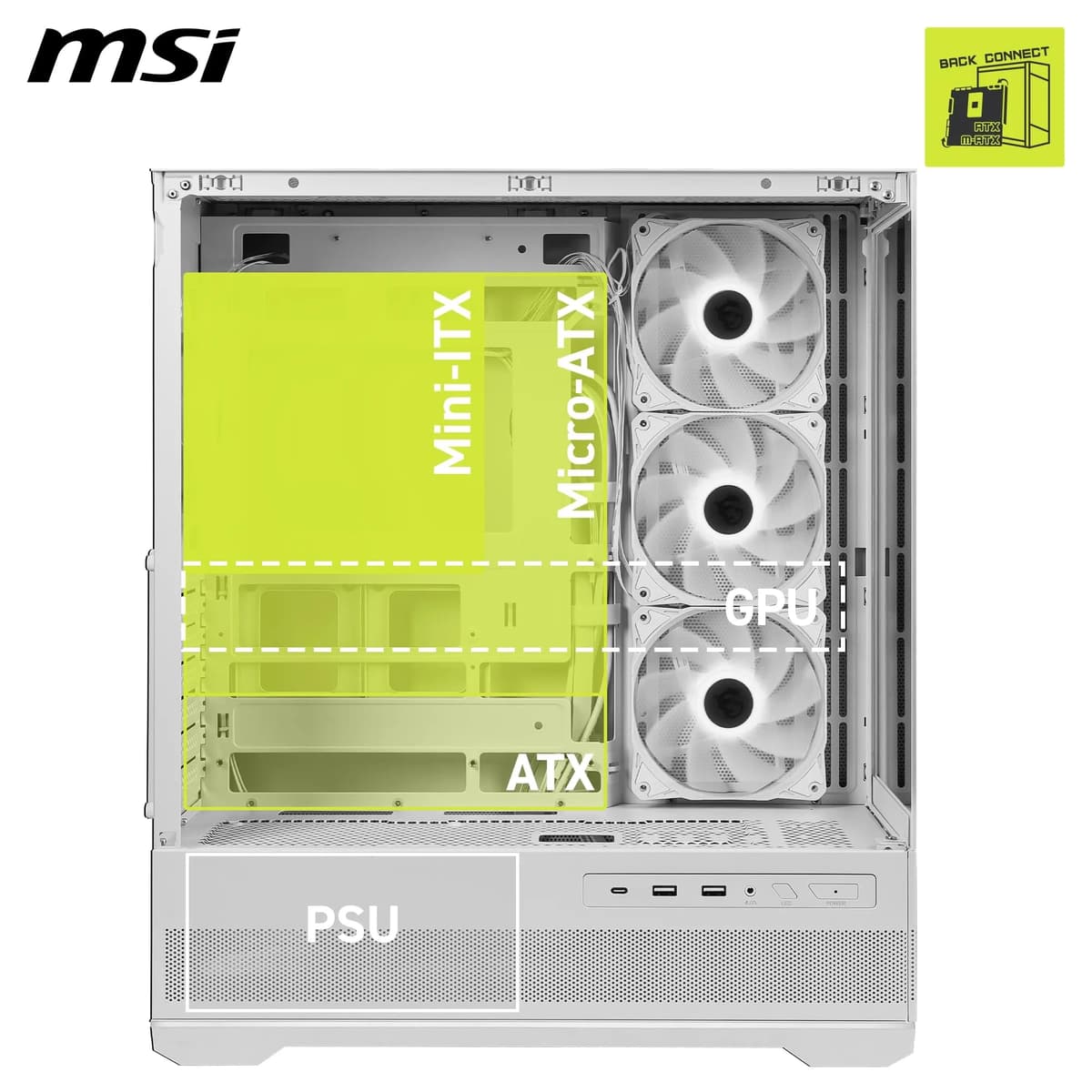 MSI MAG PANO 110R PZ WHITE - Mid-tower Gaming PC Case - Supports up to 400 mm GPU in length, Removable Dust Filters, USB 20Gbps (Type-C), Back-connect ATX & Micro-ATX Motherboard support. — view 4