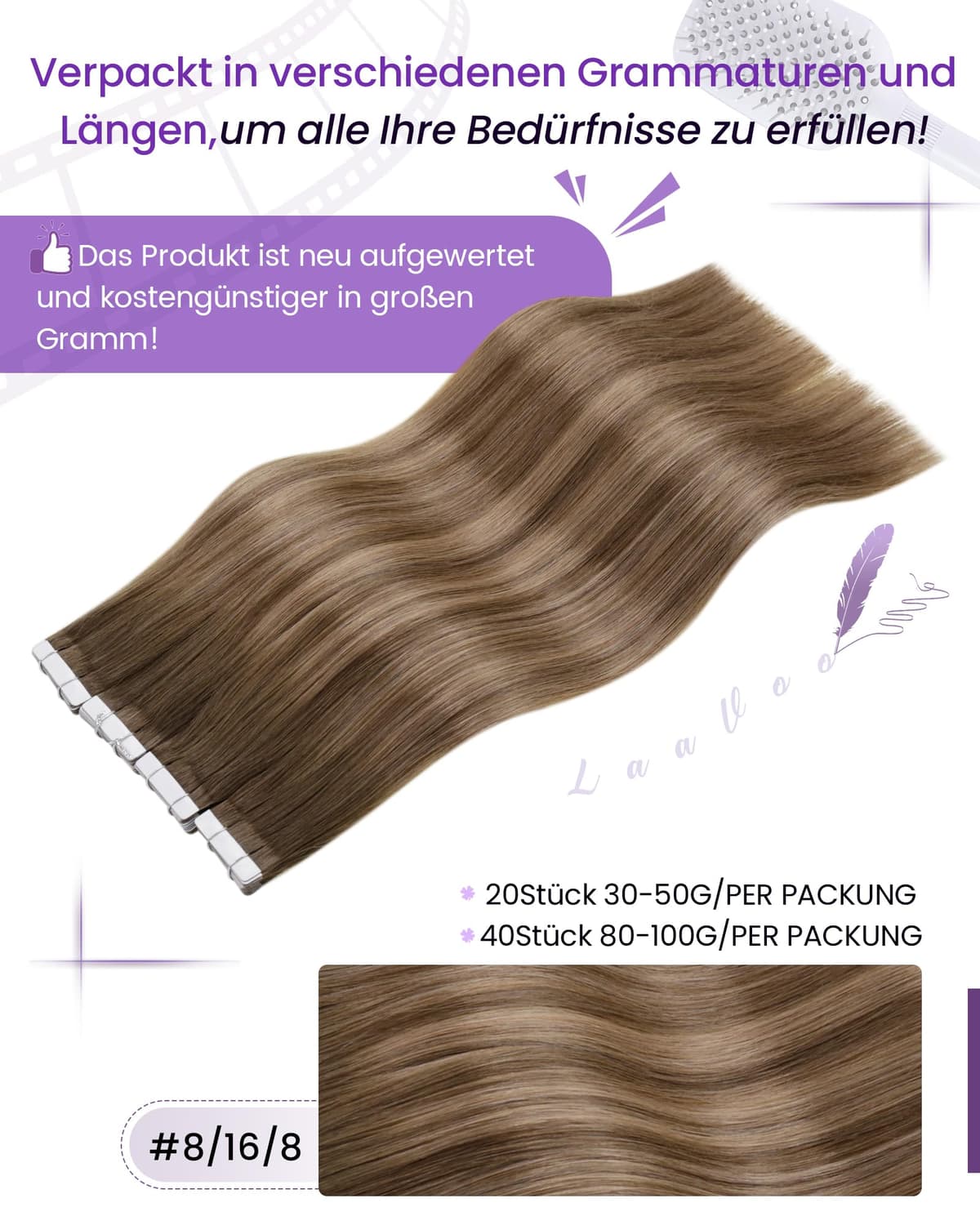 LaaVoo Tape in Hair Extensions Human Hair Blonde Tape Hair Extensions Real Human Hair Invisible Tapes Remy Straight Balayage Brown to Blonde Hair Double Sided Tabs 20pcs 50g 16 Inch #8/18/60 — view 102