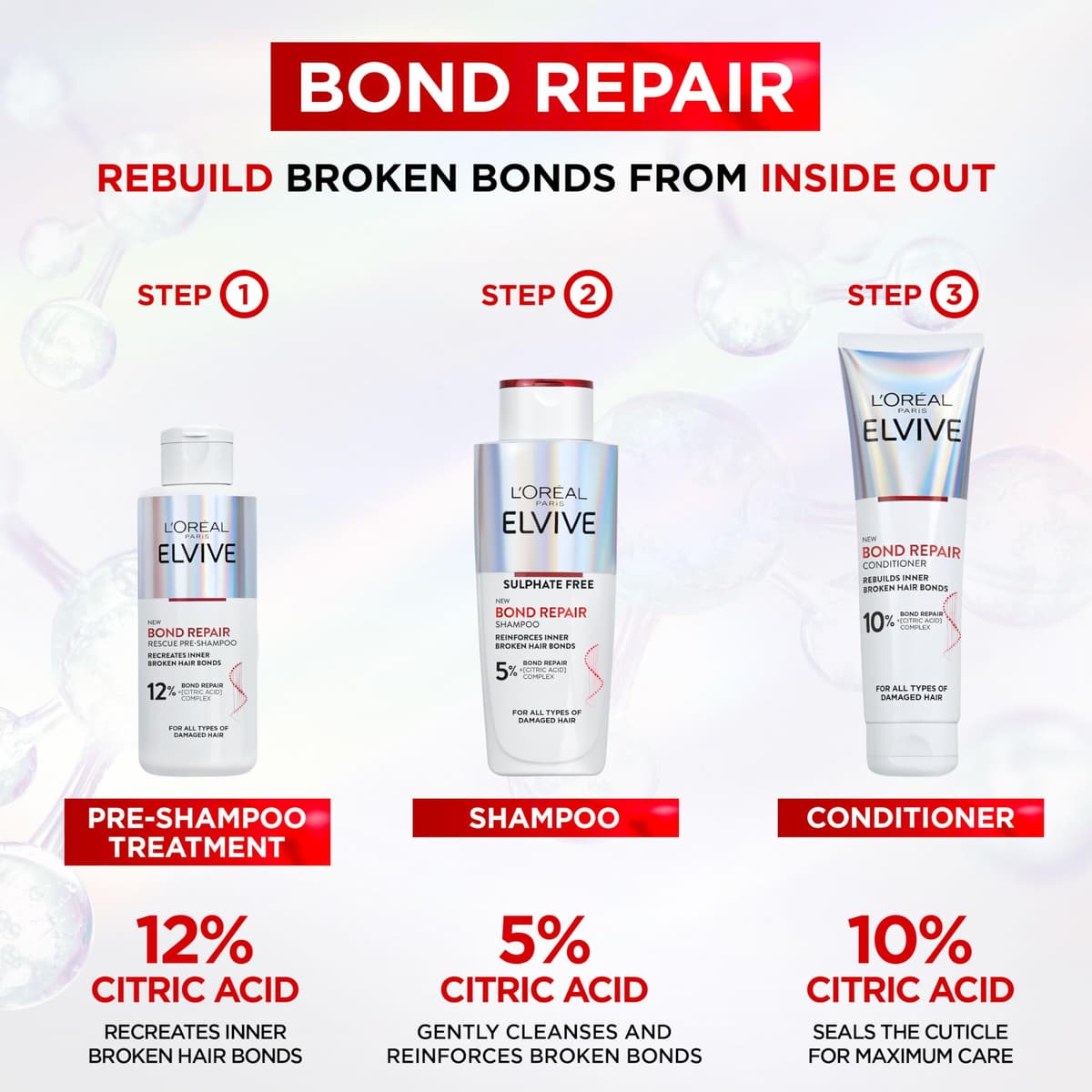 L'Oréal Paris Shampoo For Damaged Hair Repair, Elvive Bond Repair Sulphate-Free With Citric Acid Complex, Restores Original Strength, 90% More Shine And 82% Stronger, Targets Hair Bonds Broken By Heat — view 5