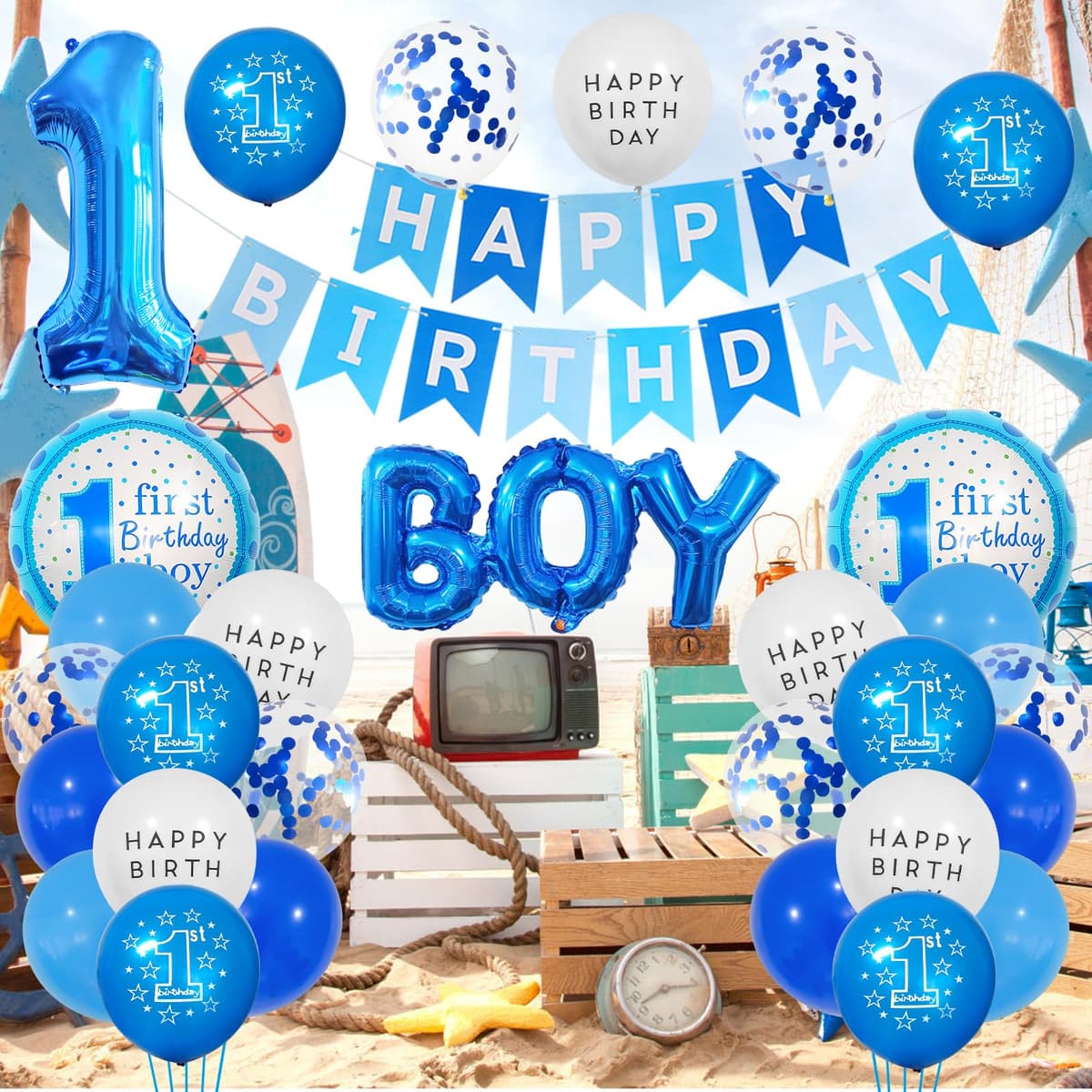 1st Birthday Decorations for Boys – Blue Happy Birthday Banner with Number 1 & BOY Foil Balloons, Confetti Balloons First Party Supplies for Baby 1 Year Old Birthday Party Decor — view 3