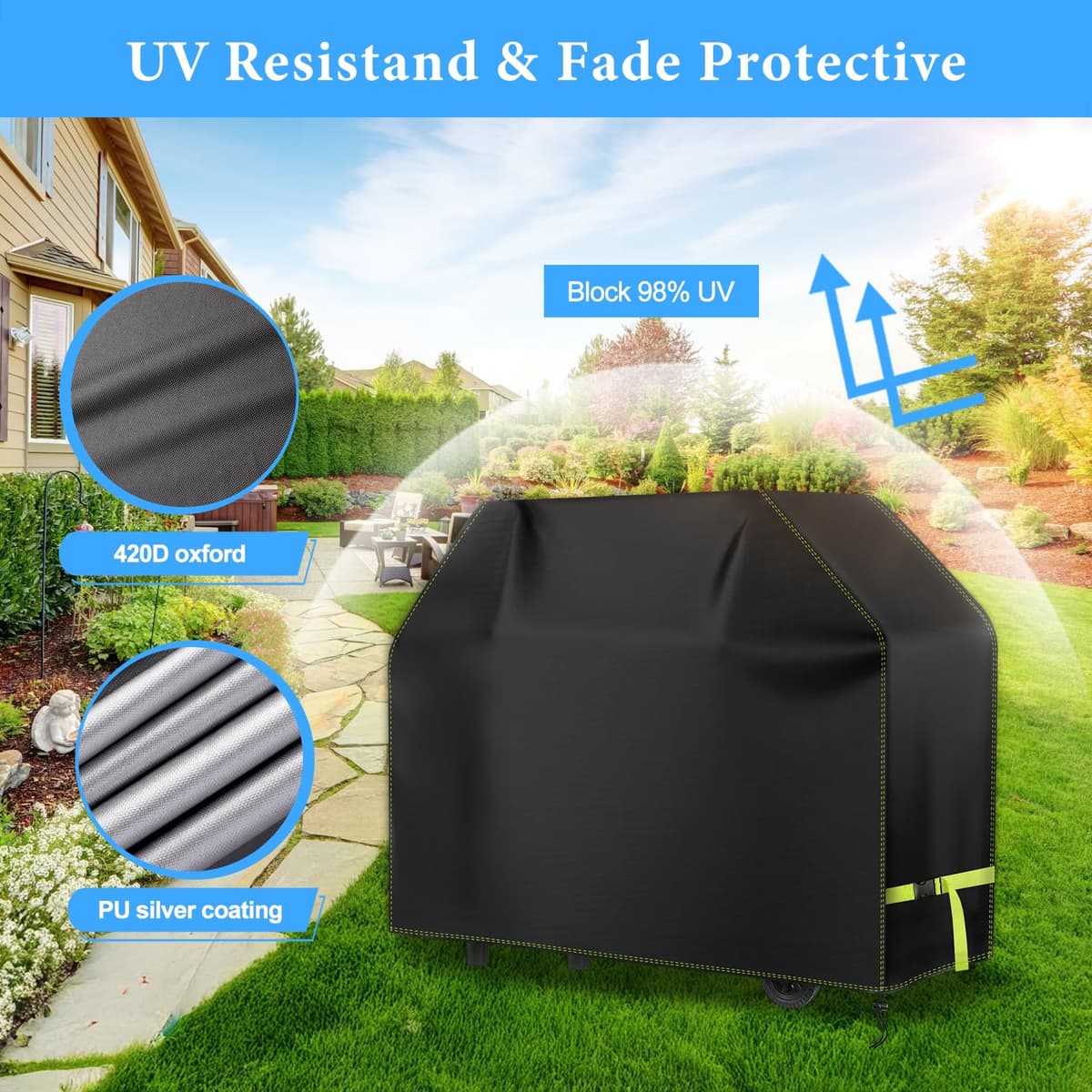 Funda Barbacoa Exterior Impermeable, VDISRR 420D Oxford Resistente al Desgarro Funda Protectora para BBQ 117 x 66 x 117 cm, Cubierta de Barbacoa Exterior Anti-Viento/Anti-Polvo/Anti-Humedad/Anti UV — view 6