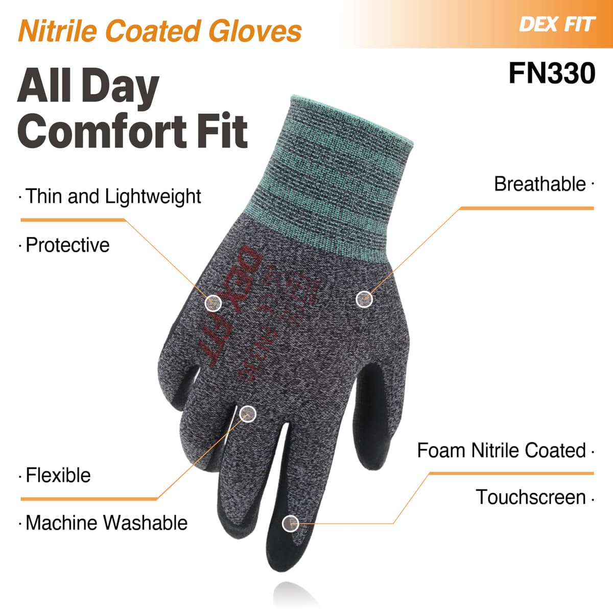 DEX FIT Guantes de Trabajo FN330, Ajuste Cómodo Elástico 3D, Buen Agarre, Recubrimiento de Espuma Duradero de Nitrilo, Táctil, Fino y Ligero, Lavable en la Lavadora — view 4