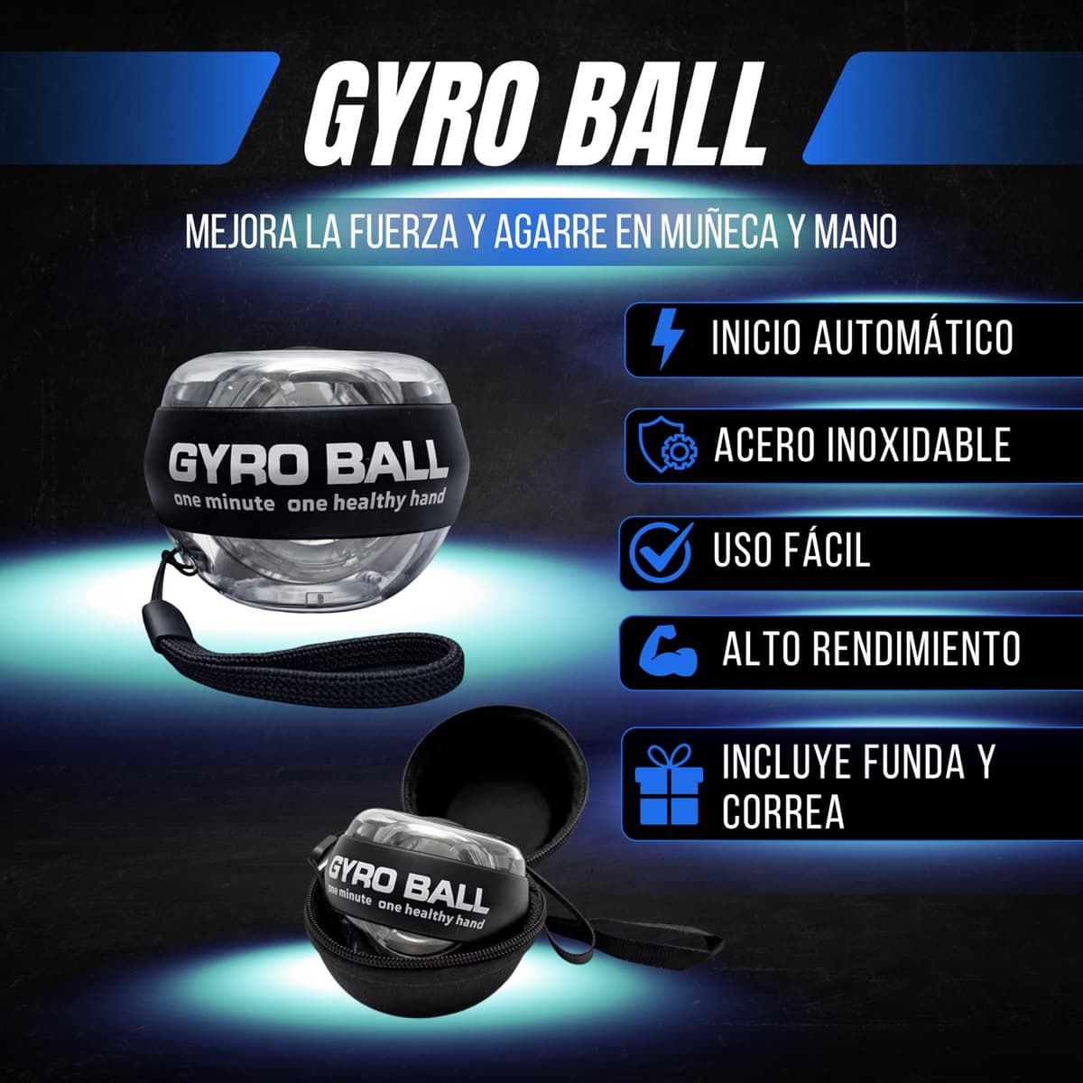 Giroscopio de Mano para Fortalecer Muñeca y Antebrazo PREMIUM PMR SHOP® | Gyro Ball con Inicio Automático y Correa | Ejercitador de Mano Compacto con Funda y Manual — view 2