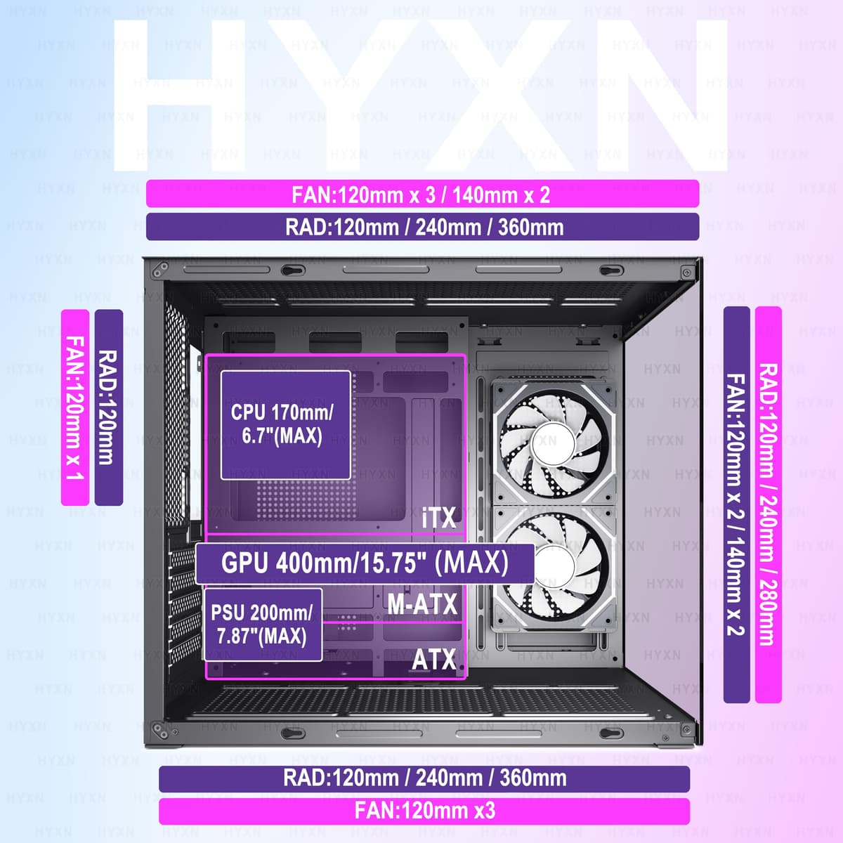 H3 ATX PC Case - Pre-Installed with 6 Infinity Mirror PWM ARGB Fans - Compact Dual Cavity Mid-Tower Gaming PC Case,360mm Radiator Support - with Type-C 3.2 (Black) — view 3