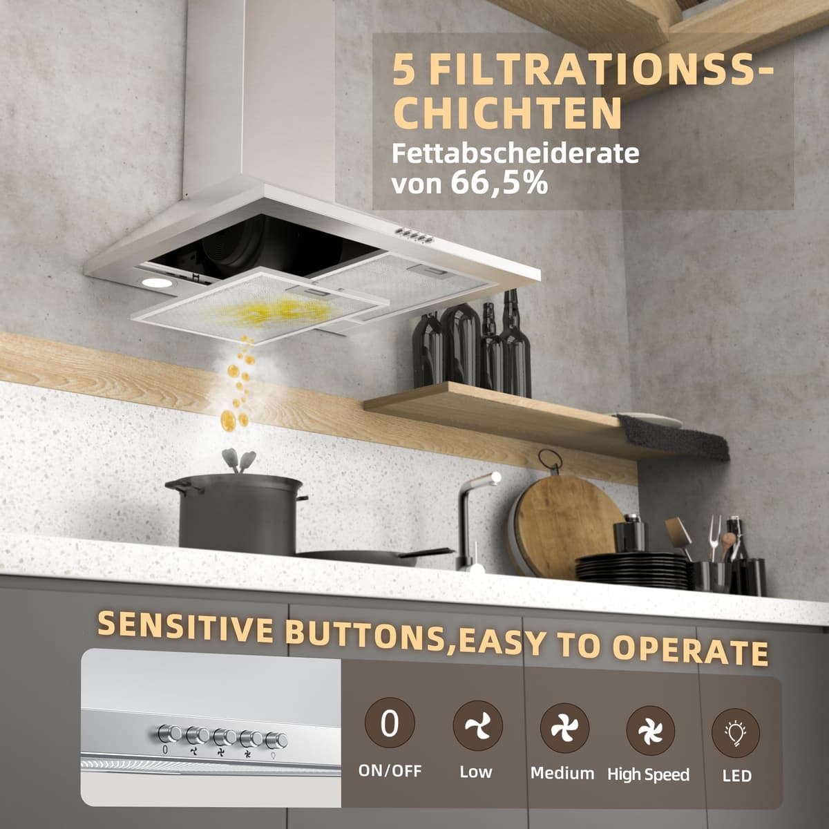 FIREGAS 60 cm Chimney Cooker Hood with Brushless Motor,Stainless Steel Extractor Hood with LED and Recirculating & Ducting System Wall Mounted Range Hood with Recirculating Carbon Filter — view 4