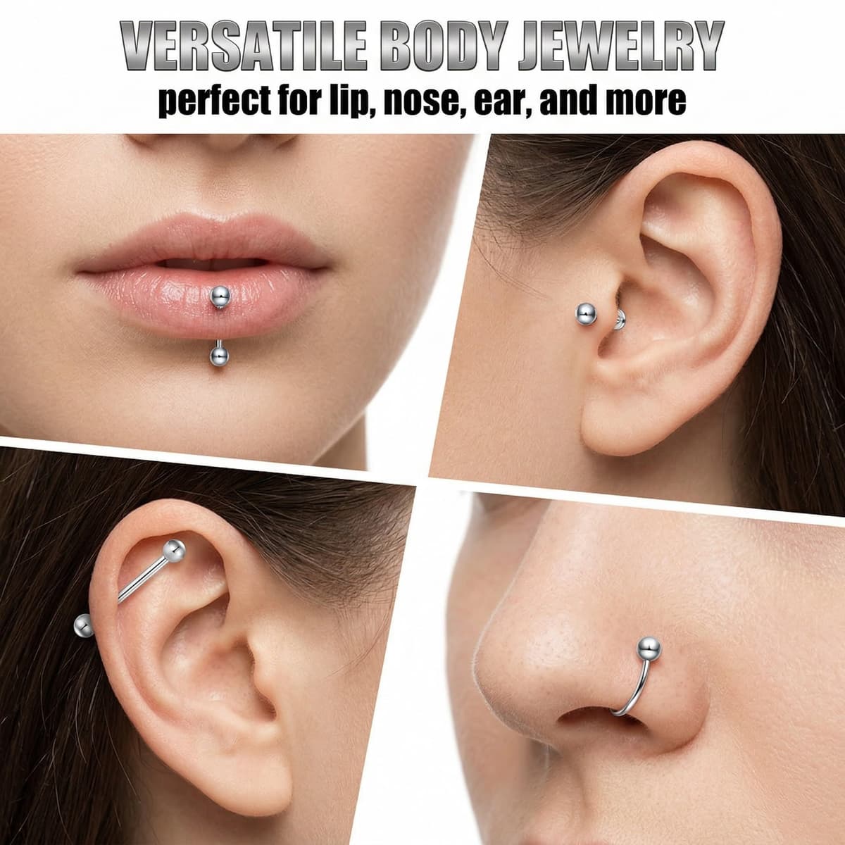 MUNZE 10 Unidades Piercing Tragus Hombre Plata 16G - Acero Quirúrgico Labret Helix Anillo 4-12Mm Bolas 3Mm — view 3