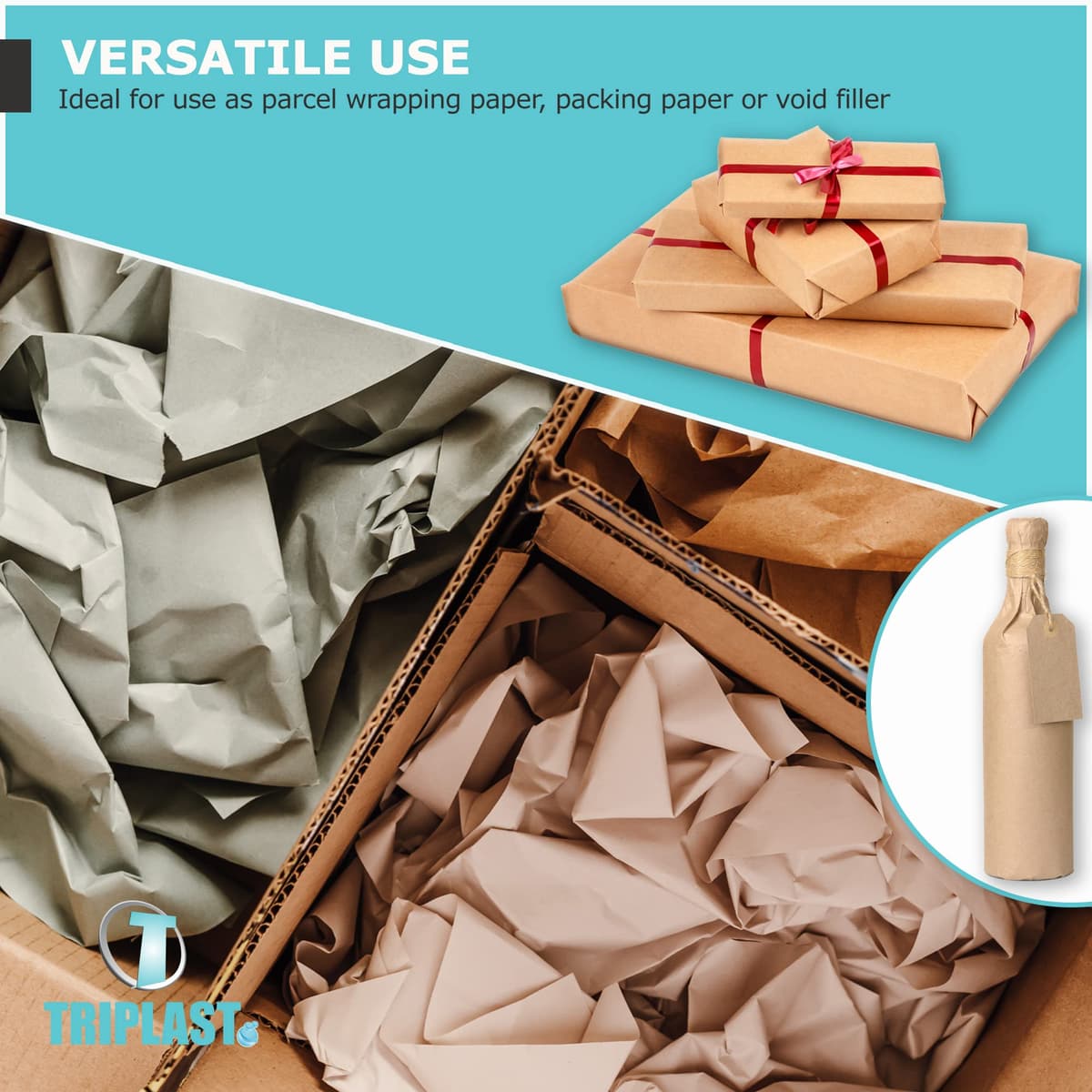 Triplast Brown ECO Kraft Paper (400mm x 30m) - Eco-Conscious & Recyclable - Multipurpose Wrapping Paper Roll with a Premium & Rustic Finish - Ideal for Gift Wrapping, Parcel Packing, Arts & Craft — view 5