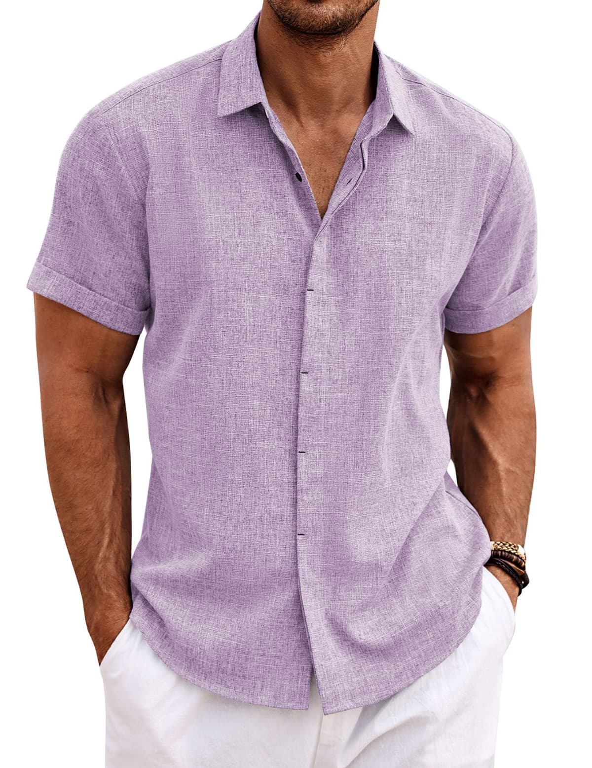COOFANDY Men's Linen Shirts Short Sleeve Casual Shirts Button Down Shirt for Men Beach Summer Wedding Shirt — view 15