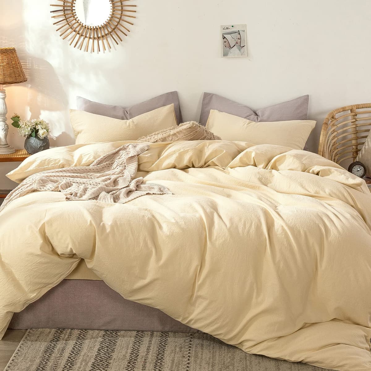 MooMee Bedding Duvet Cover Set 100% Washed Cotton Linen Like Textured Breathable Durable Soft Comfy (Tannish Linen Grey, King) — view 119