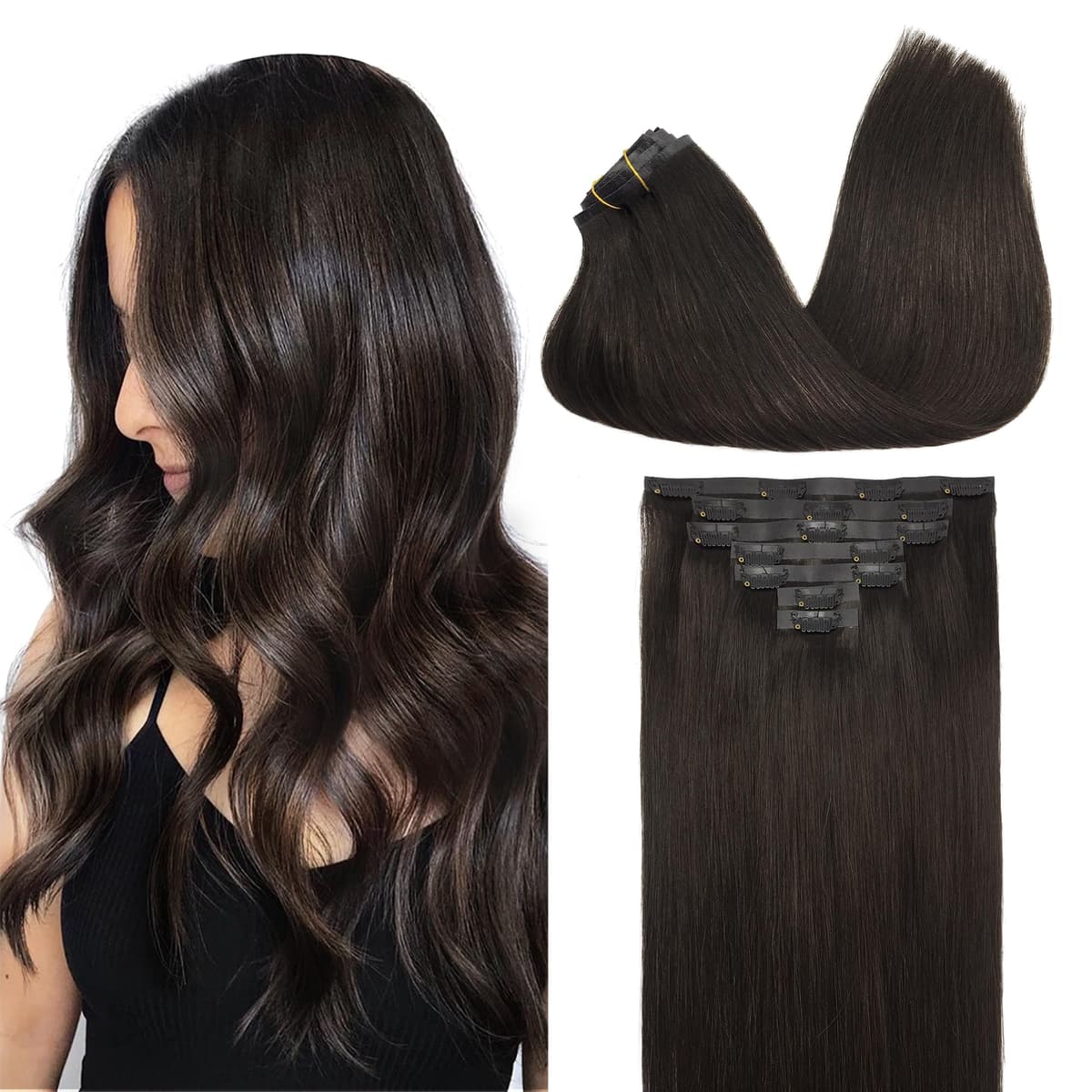 GOO GOO Clip in Hair Extensions Human Hair, 18inch 150g 9Pcs, #2 Dark Brown, Hair extensions for women, Human Hair Extensions Clip in — view 45