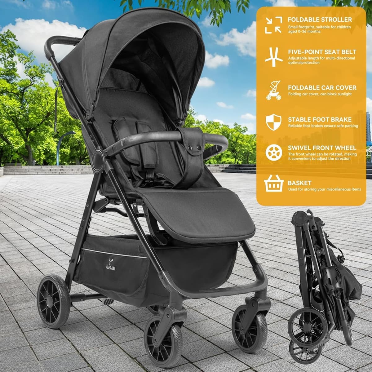 Cochecito Bebe Ligero, Silla de Paseo Reversible y Compacta con Reclinado Multiposición, Cochecito para Bebés y Niños Pequeños Desde El Nacimiento, Carrito con Portavasos y Capota (Gris) — view 3