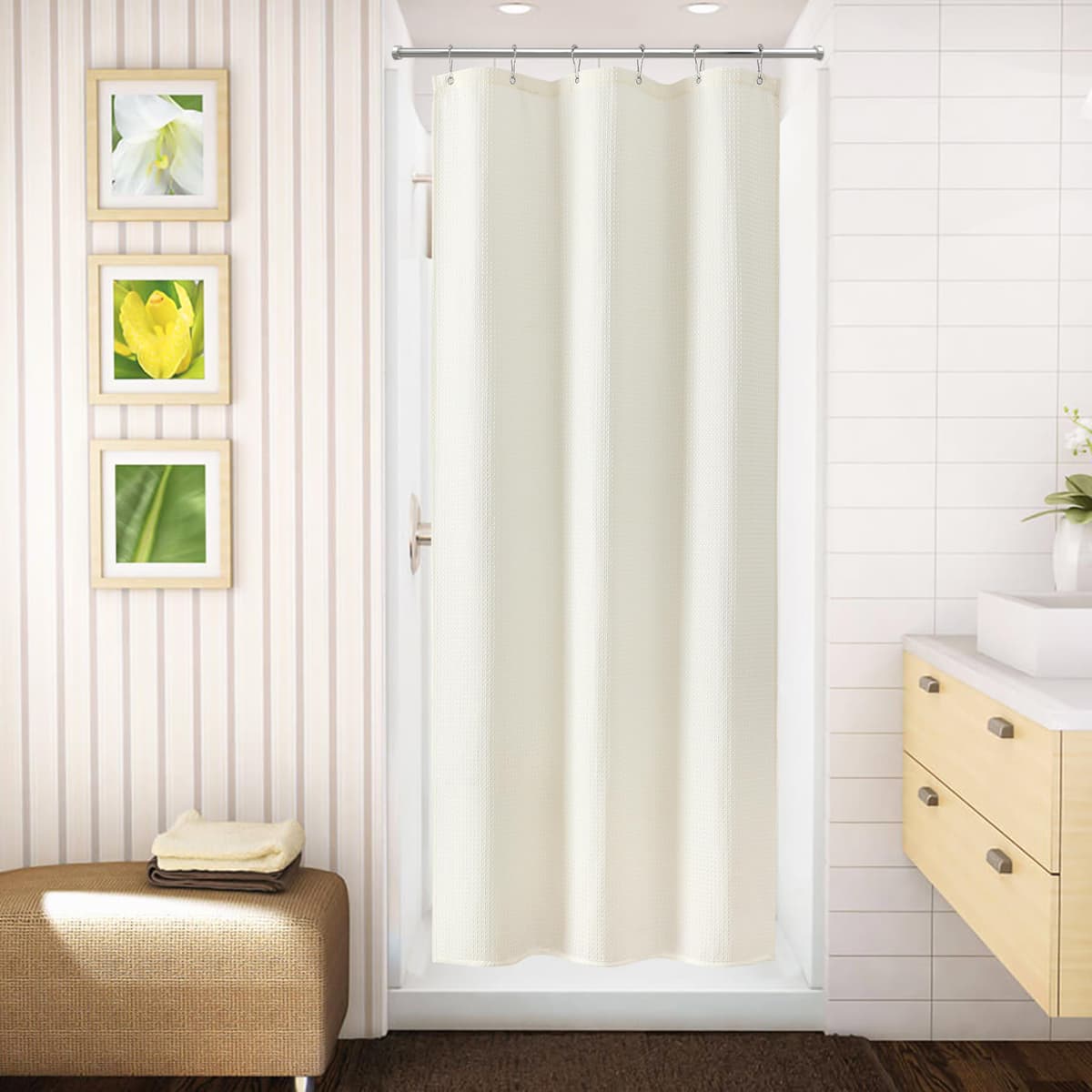 Cortina de Ducha para Baño con Ganchos de Metal Cortina de Ducha de Tela Waffle Cortina de Baño Resistente para Cabina de Ducha de Bañera, Resistente al Agua - 92 x 182cm (Crema) — view 2