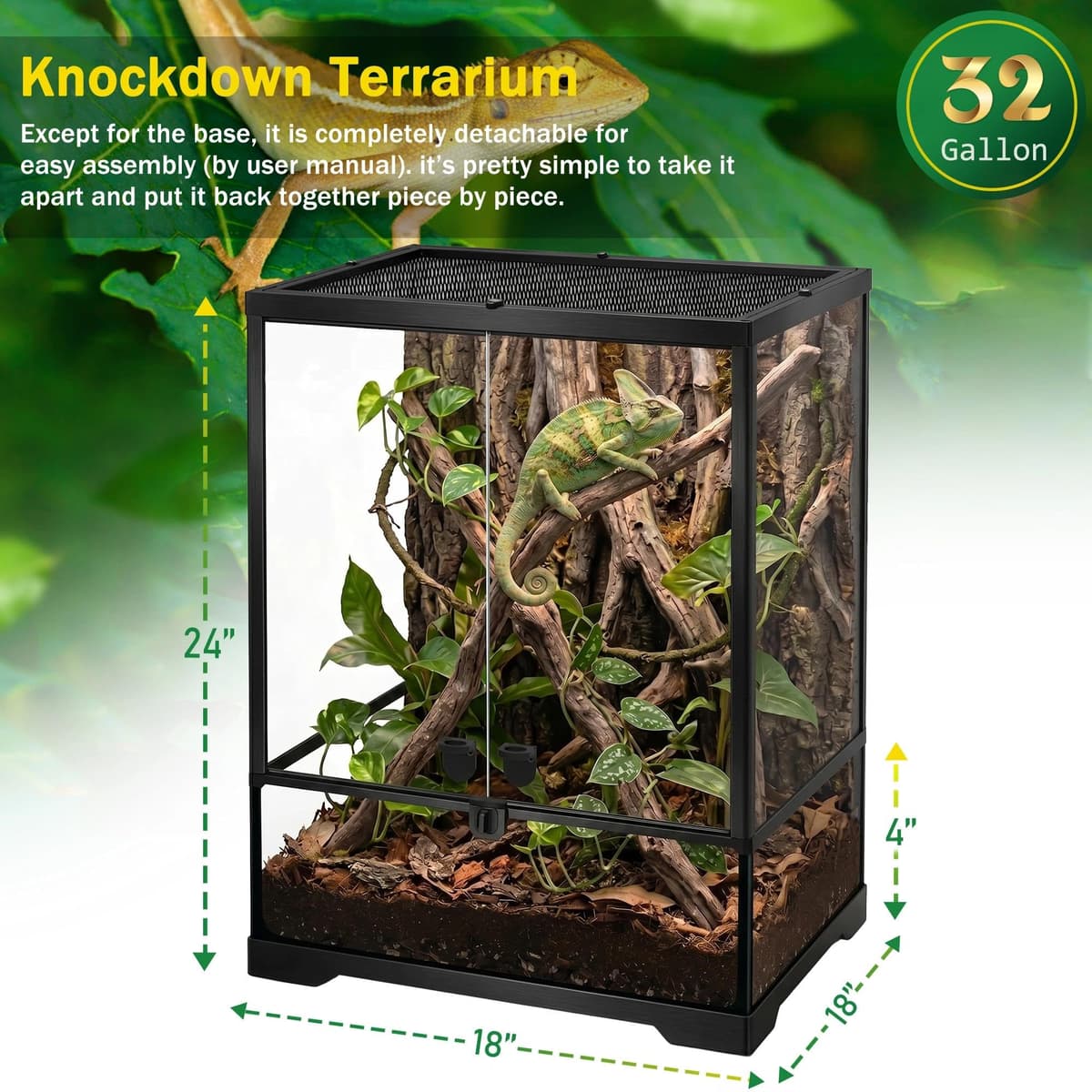 32 Gallon Professional Glass Terrarium 18"x18"x24" Durable Reptile Habitat Tank with Heat Resistant Aluminum Alloy Frame, Dual Front Swinging Doors for no Jam by Sand and Other Debris — view 2