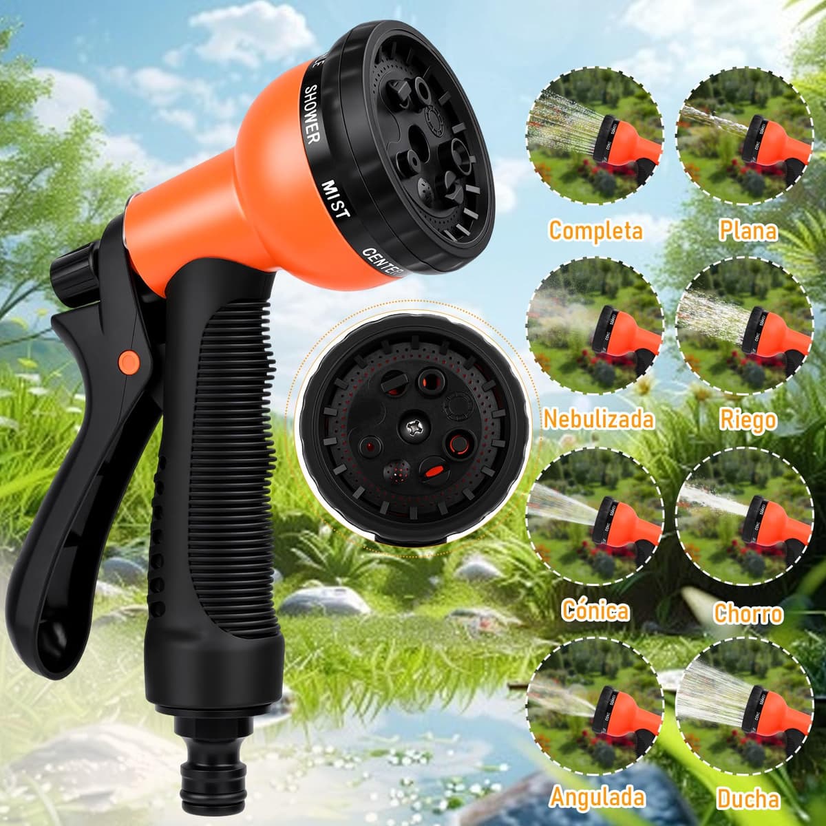 Manguera Extensible 30M/100FT, Manguera de Jardín Extensible Pistola de Riego con 8 Funciones Pistola Hose Con 3/4" y 1/2" Accesorios de aleación de zinc. el Riego de Plantas Hortícolas (Naranja) — view 4