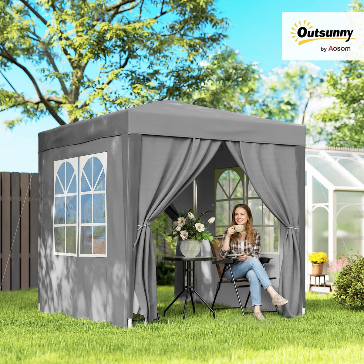 Outsunny 2 x 2 m Garden Pop Up Gazebo, Wedding Party Tent Marquee, Water Resistant Awning Canopy With Sidewalls, Windows, Carry Bag, Grey — view 2