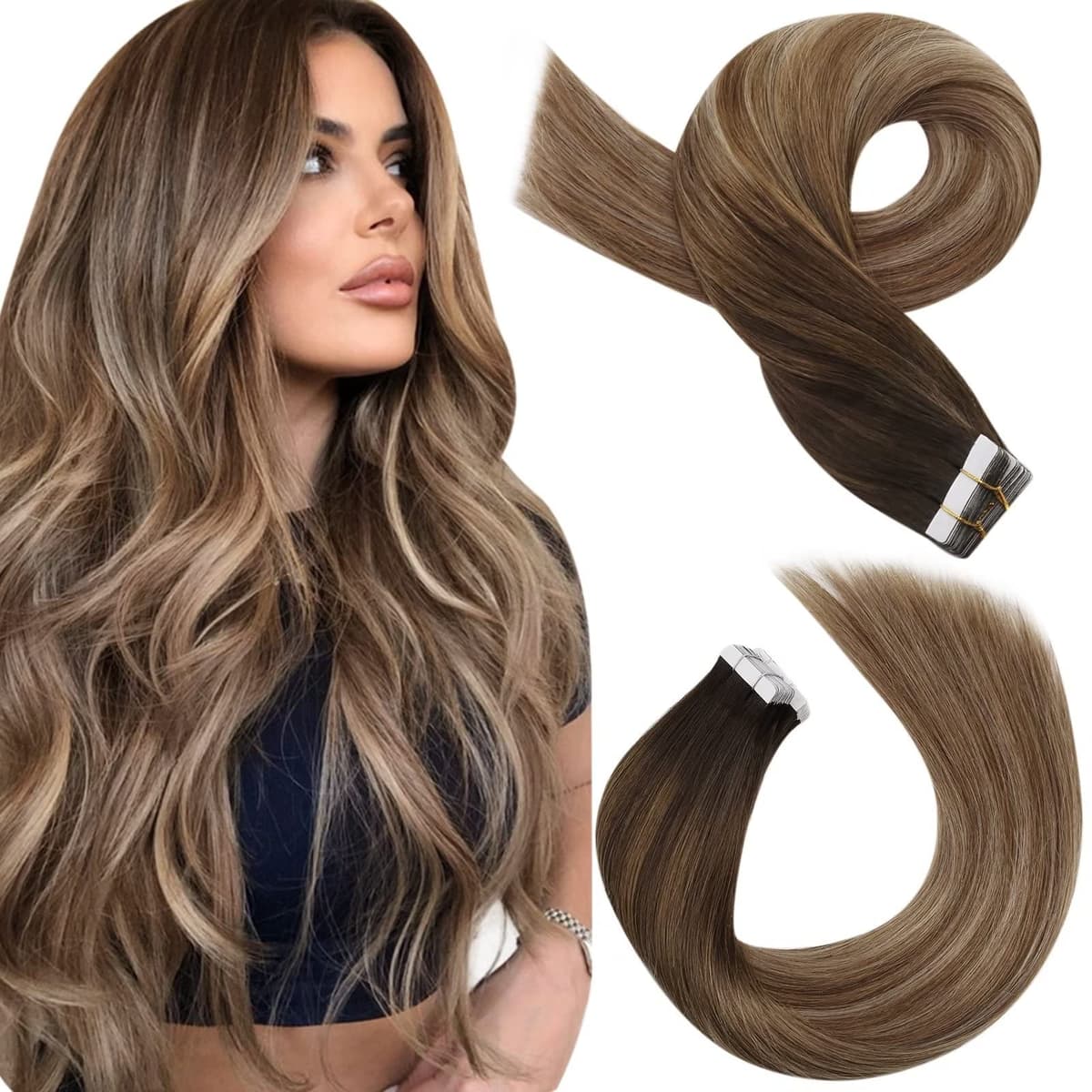 Moresoo Tape in Human Hair Extensions 20 Inch Highlight 50g/20pcs Tape in Hair Extensions Human Hair Ash Blonde with Platinum Blonde #P18/613 — view 89